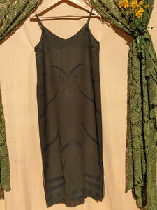 Olive Linen Dress with long Eucalyptus Detail