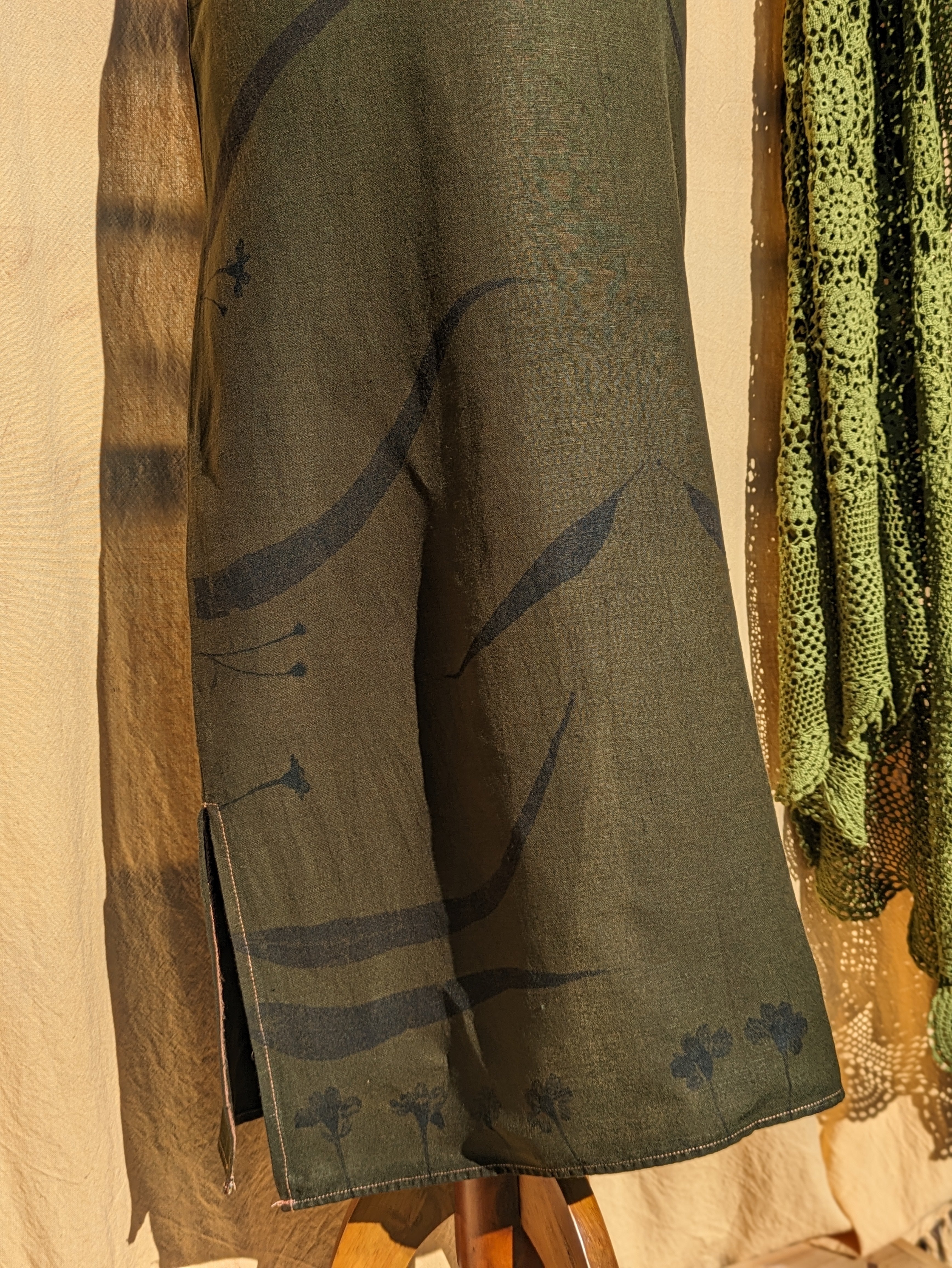 Olive Linen Dress with long Eucalyptus Detail