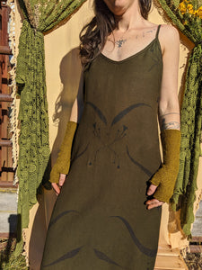 Olive Linen Dress with long Eucalyptus Detail