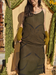 Olive Linen Dress with long Eucalyptus Detail