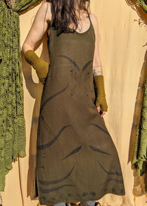 Olive Linen Dress with long Eucalyptus Detail