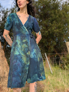 Linen Wrap Dress Deep Ocean Moon