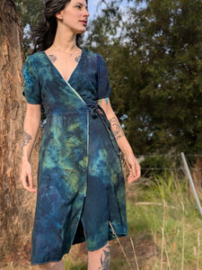 Linen Wrap Dress Deep Ocean Moon