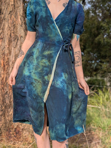 Linen Wrap Dress Deep Ocean Moon