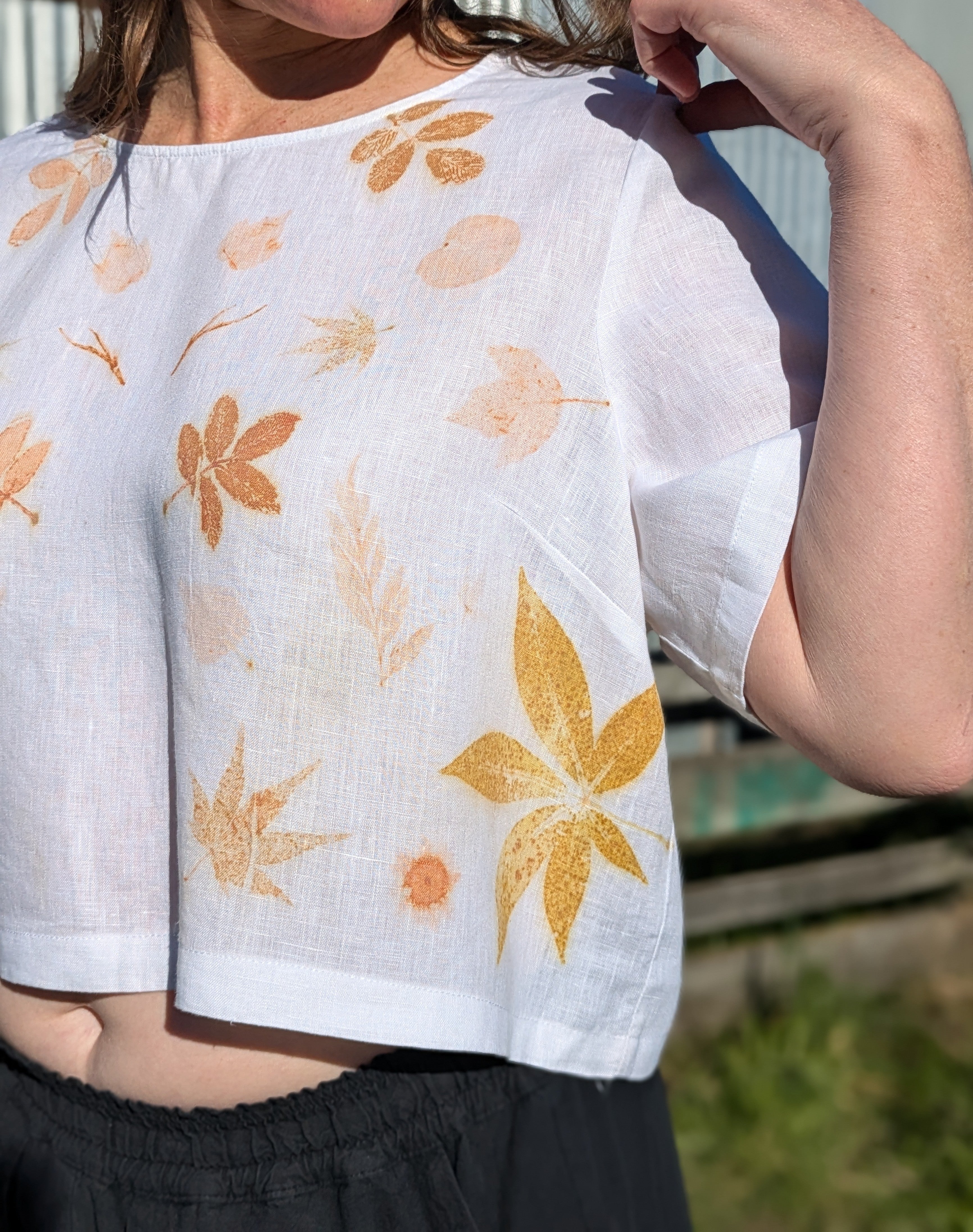 Large Linen Blouse with soft pink leaf