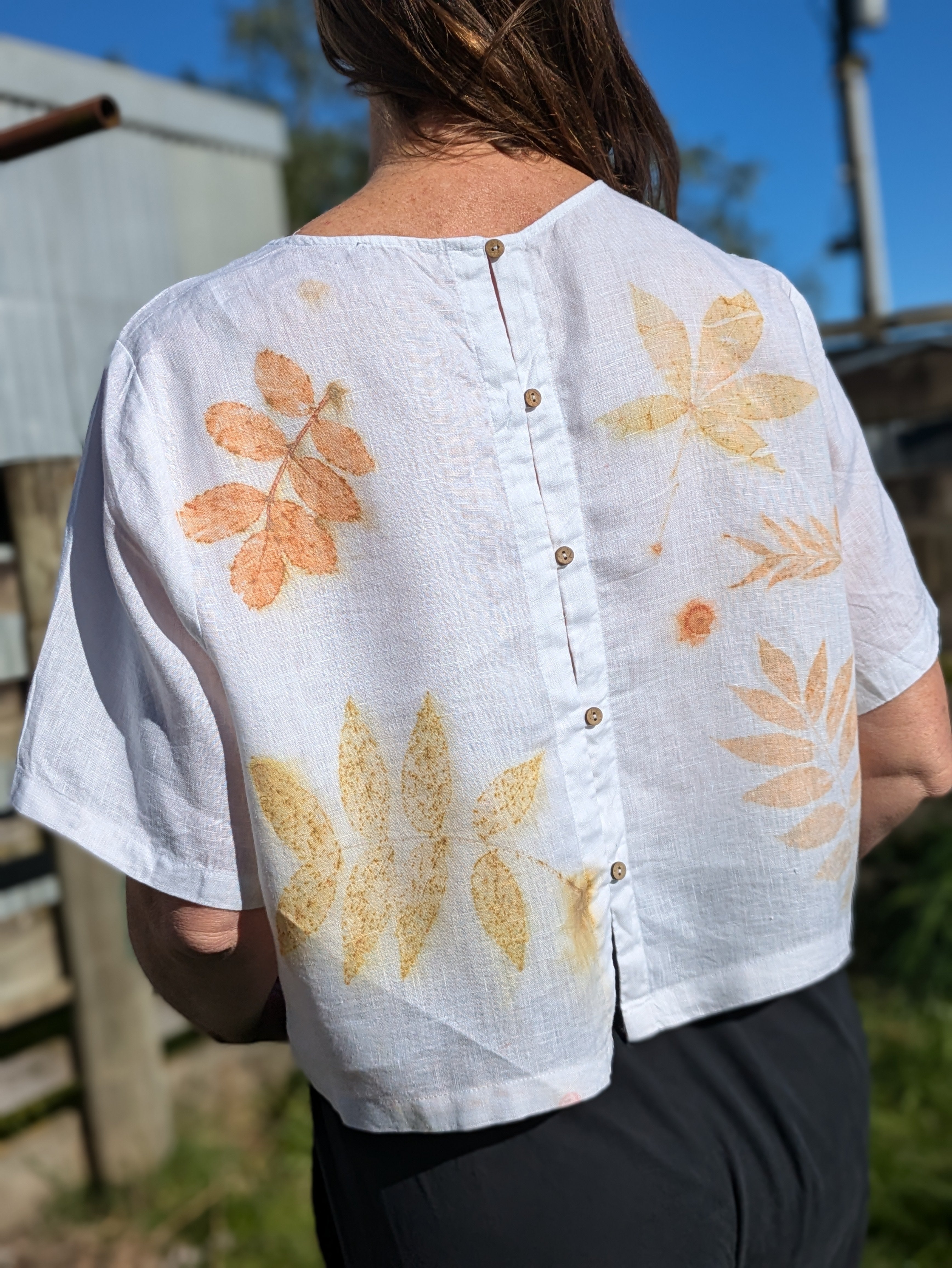 Large Linen Blouse with soft pink leaf