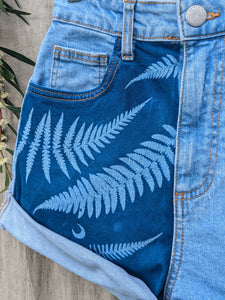 Cyanotype Denim Shorts w Ferns