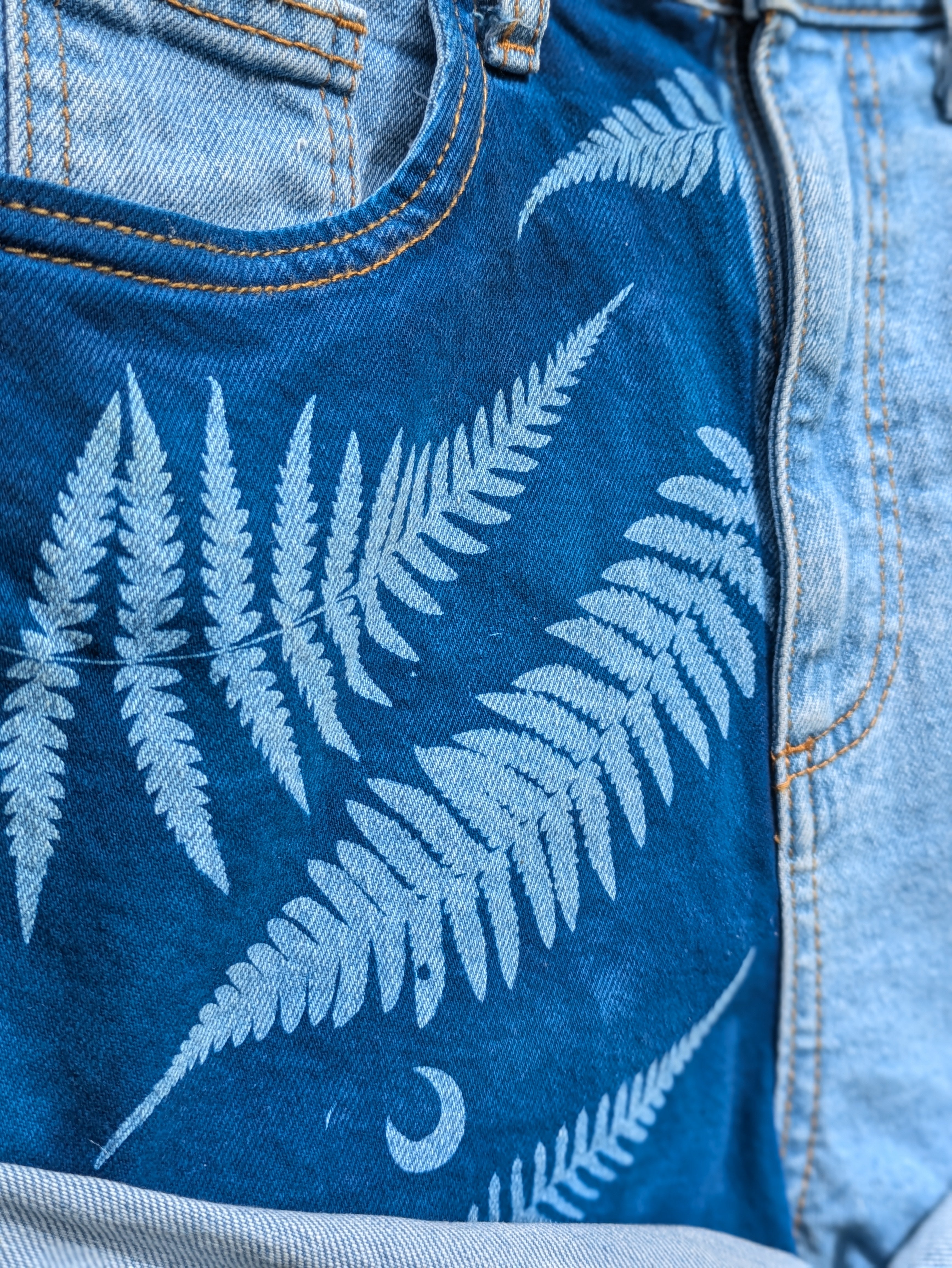 Cyanotype Denim Shorts w Ferns