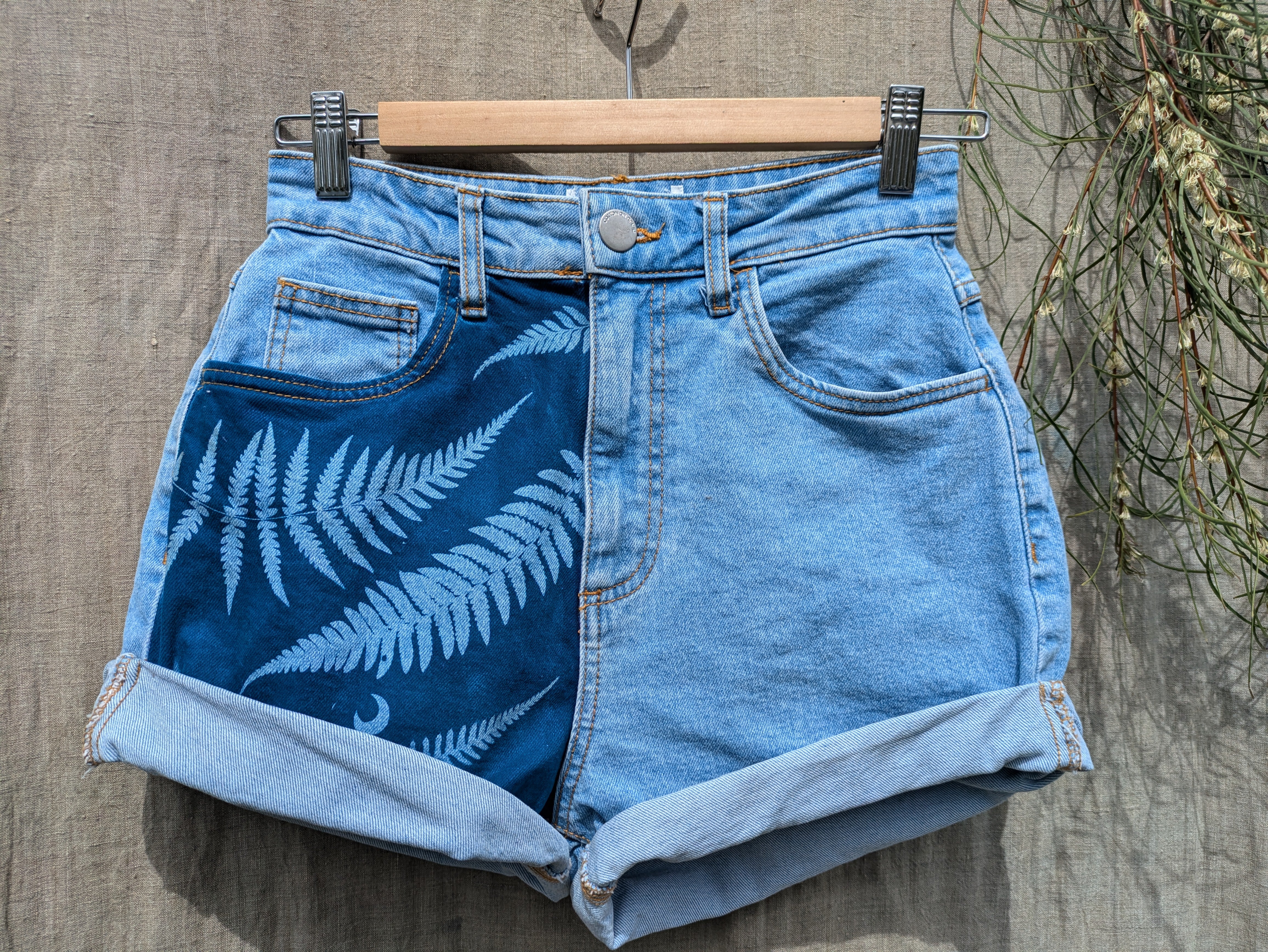 Cyanotype Denim Shorts w Ferns