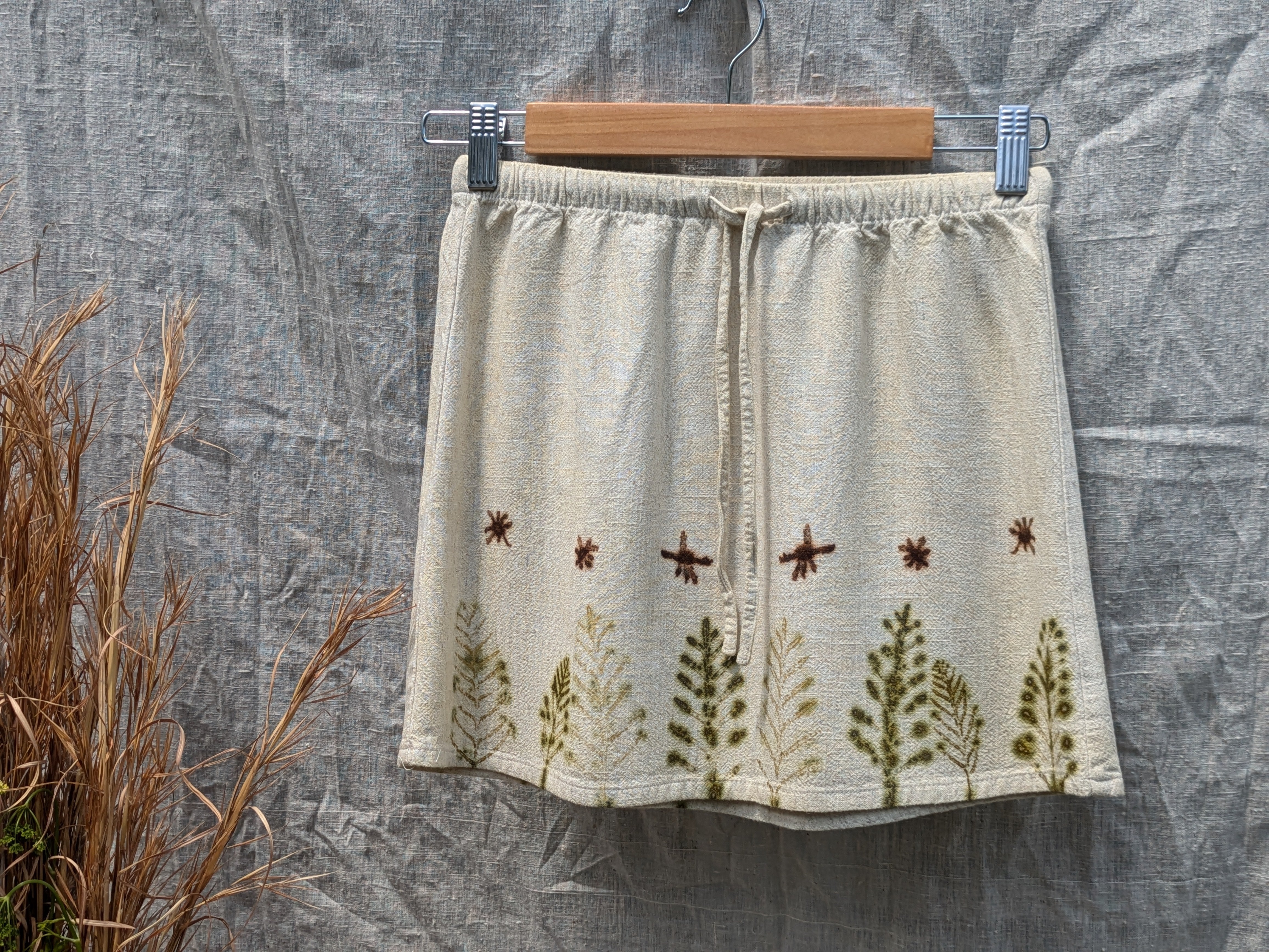 Natural  Leaf Printed Mini Skirt with Fern & Flowers