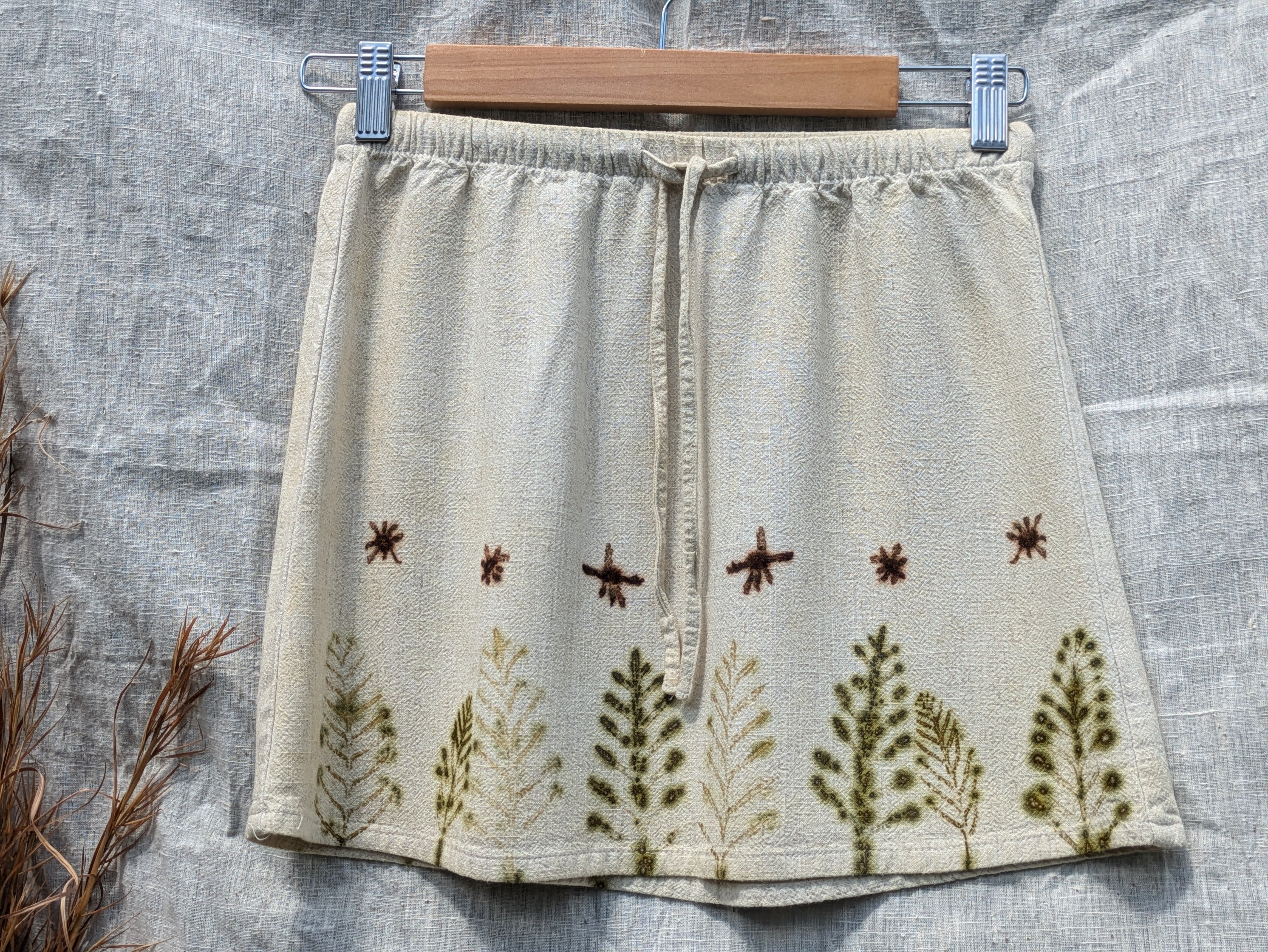 Natural  Leaf Printed Mini Skirt with Fern & Flowers