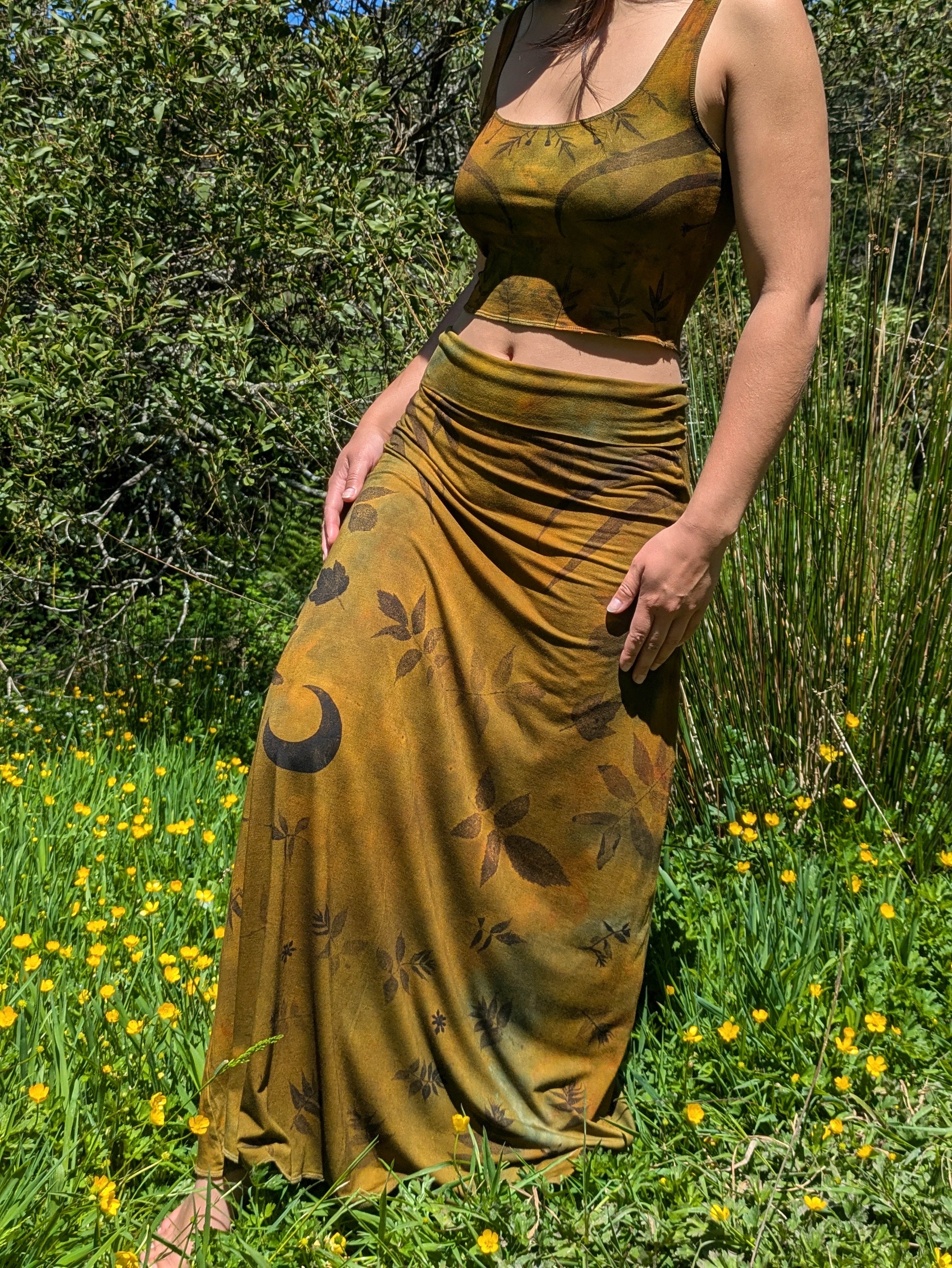 Botanical Bamboo Long Skirt Golden Ochre Moss