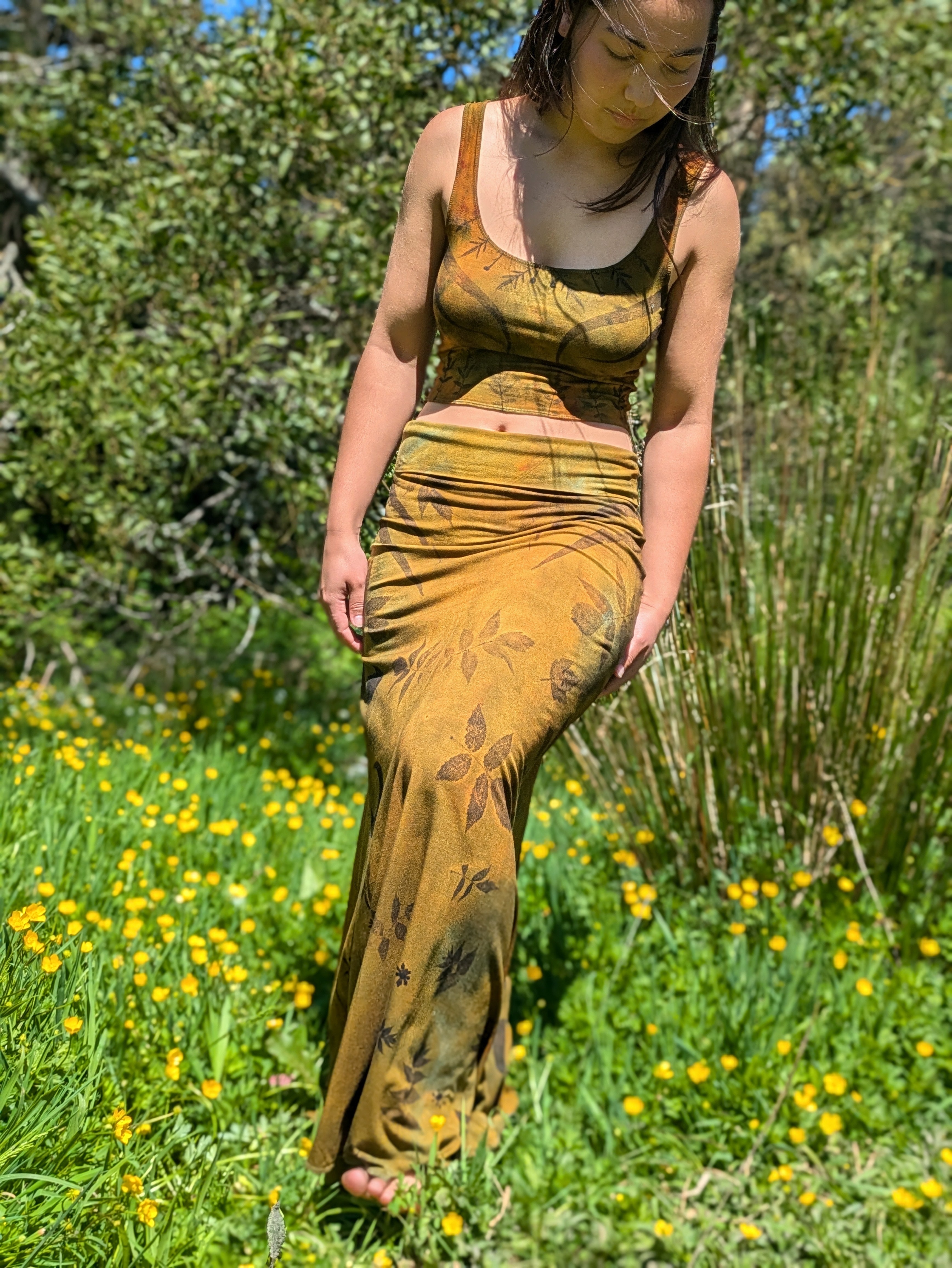 Botanical Bamboo Long Skirt Golden Ochre Moss