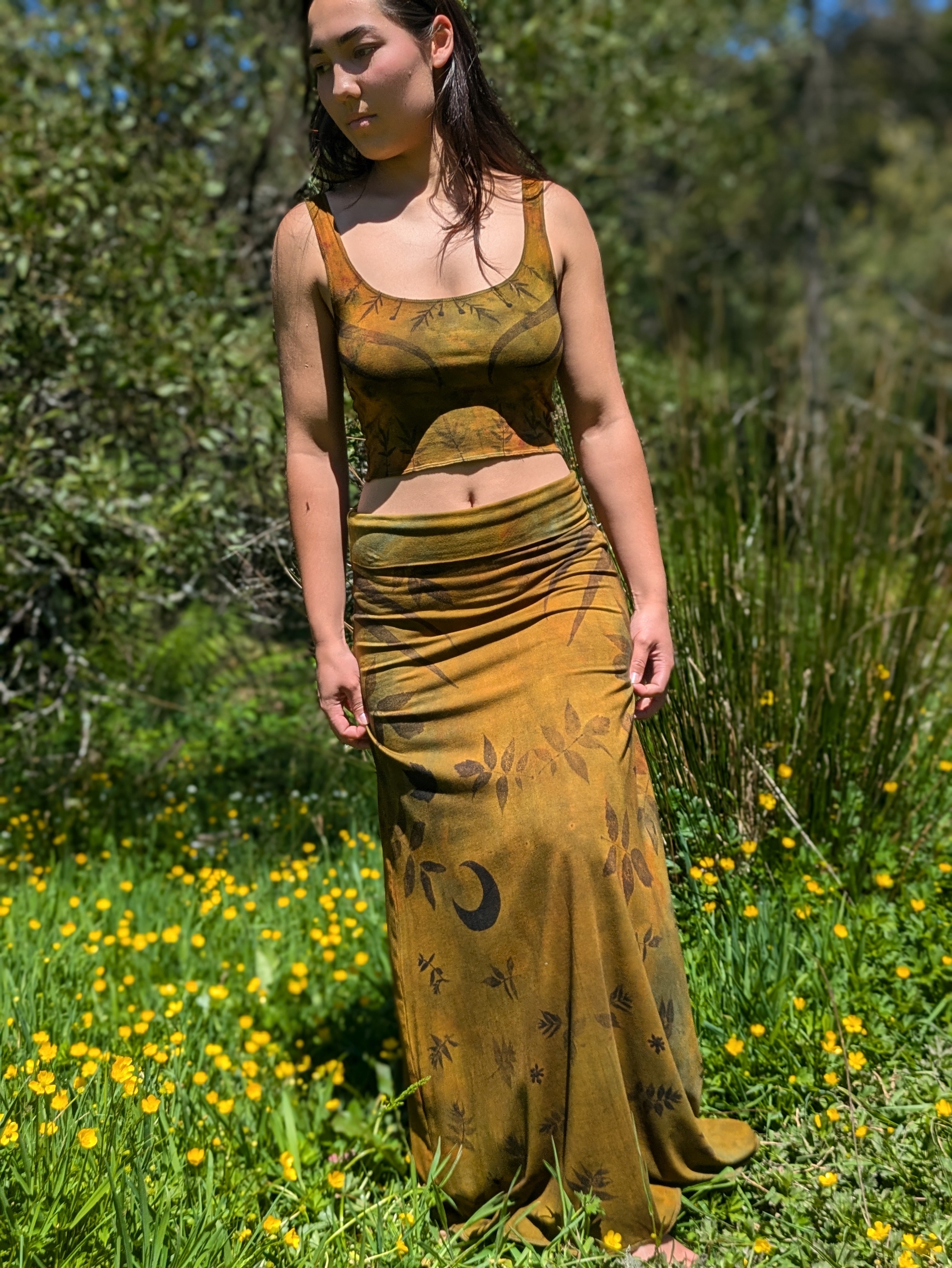 Botanical Bamboo Long Skirt Golden Ochre Moss