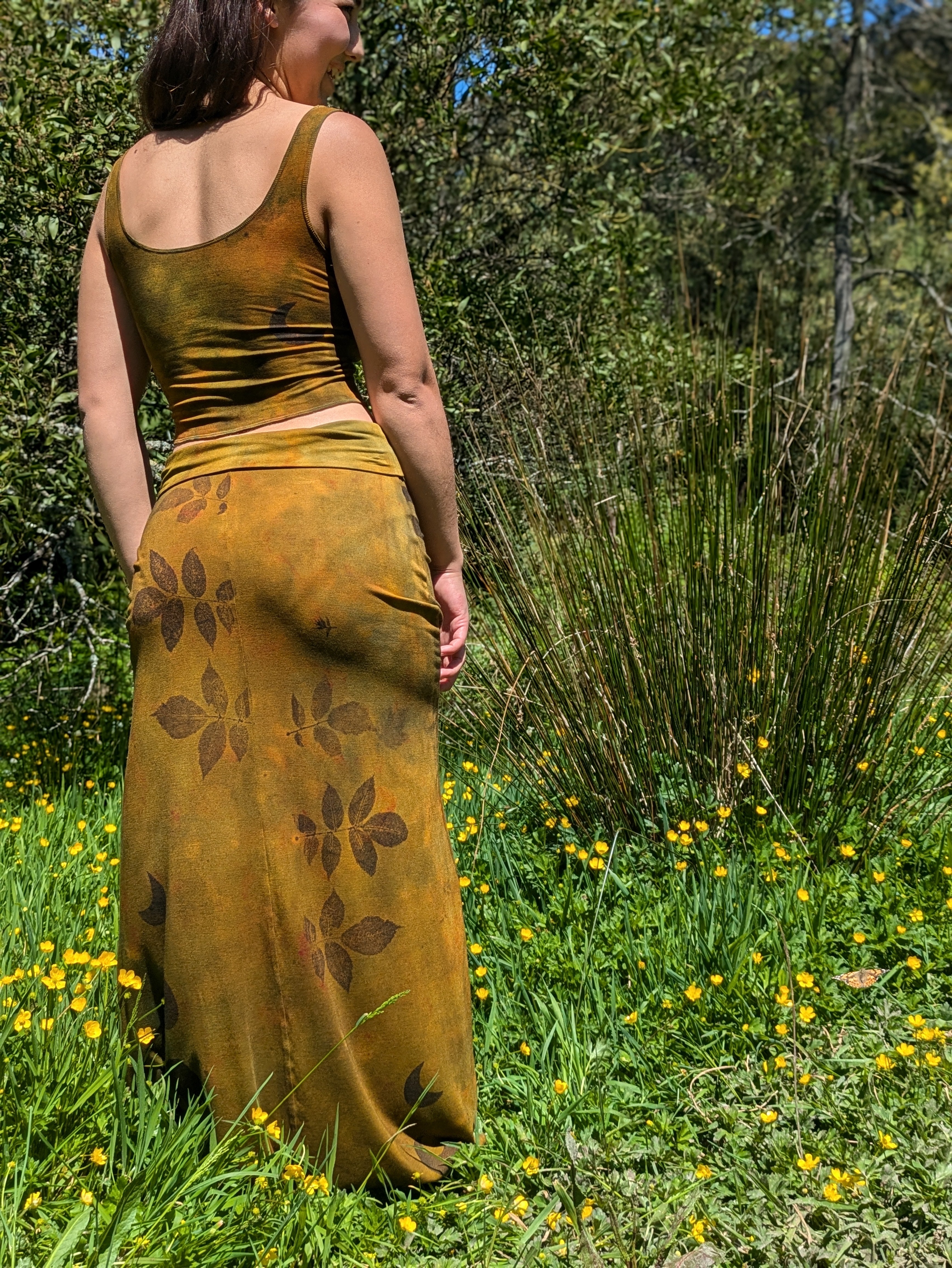 Botanical Bamboo Long Skirt Golden Ochre Moss