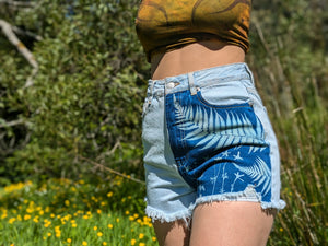 Cyanotype Denim Shorts Fern & Flowers