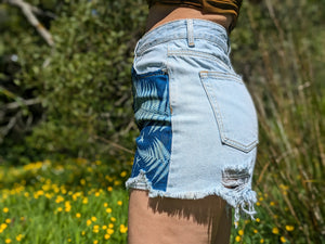 Cyanotype Denim Shorts Fern & Flowers