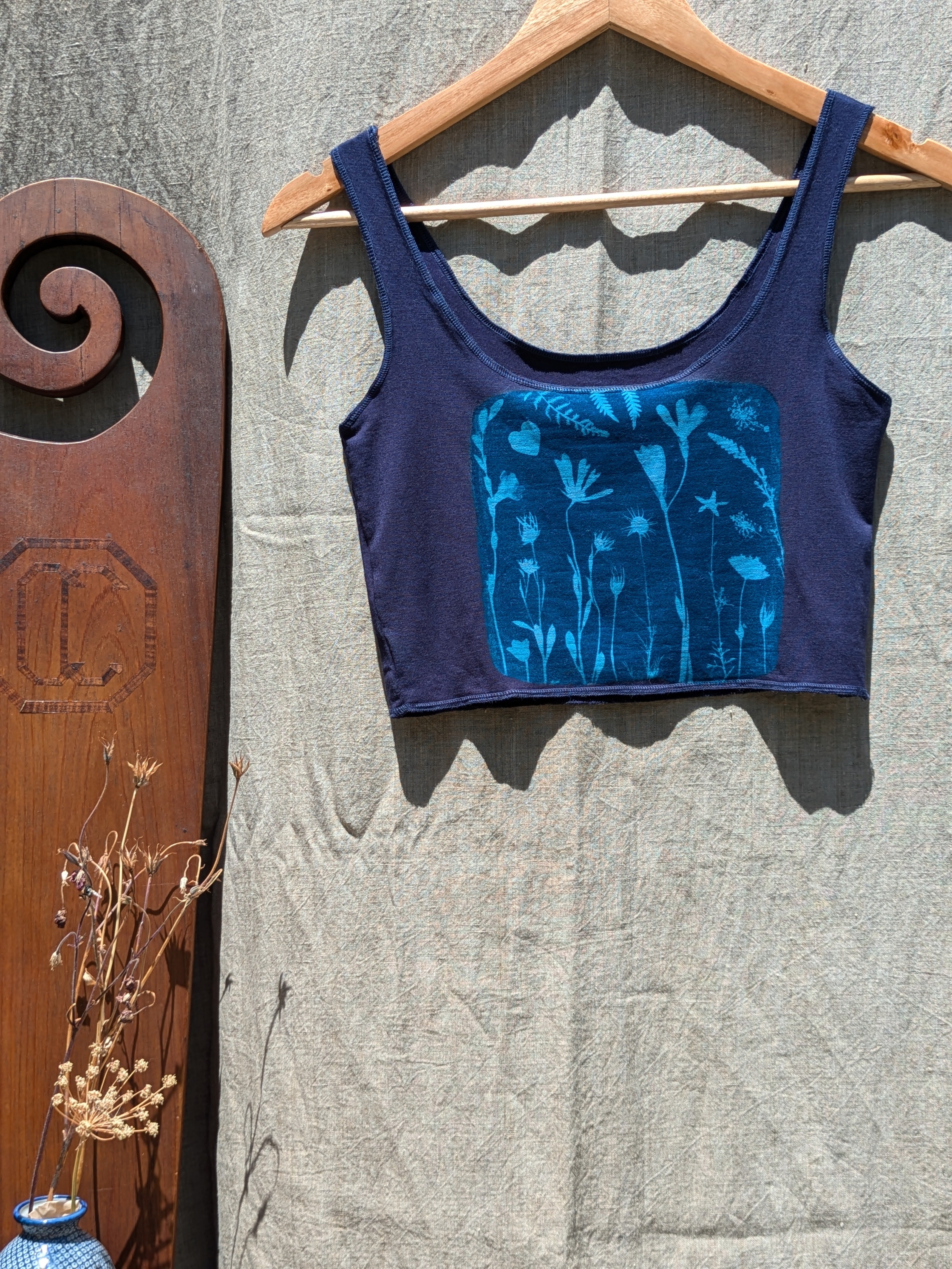 Bamboo Crop Top Deep Violet w Cyanotype flowers