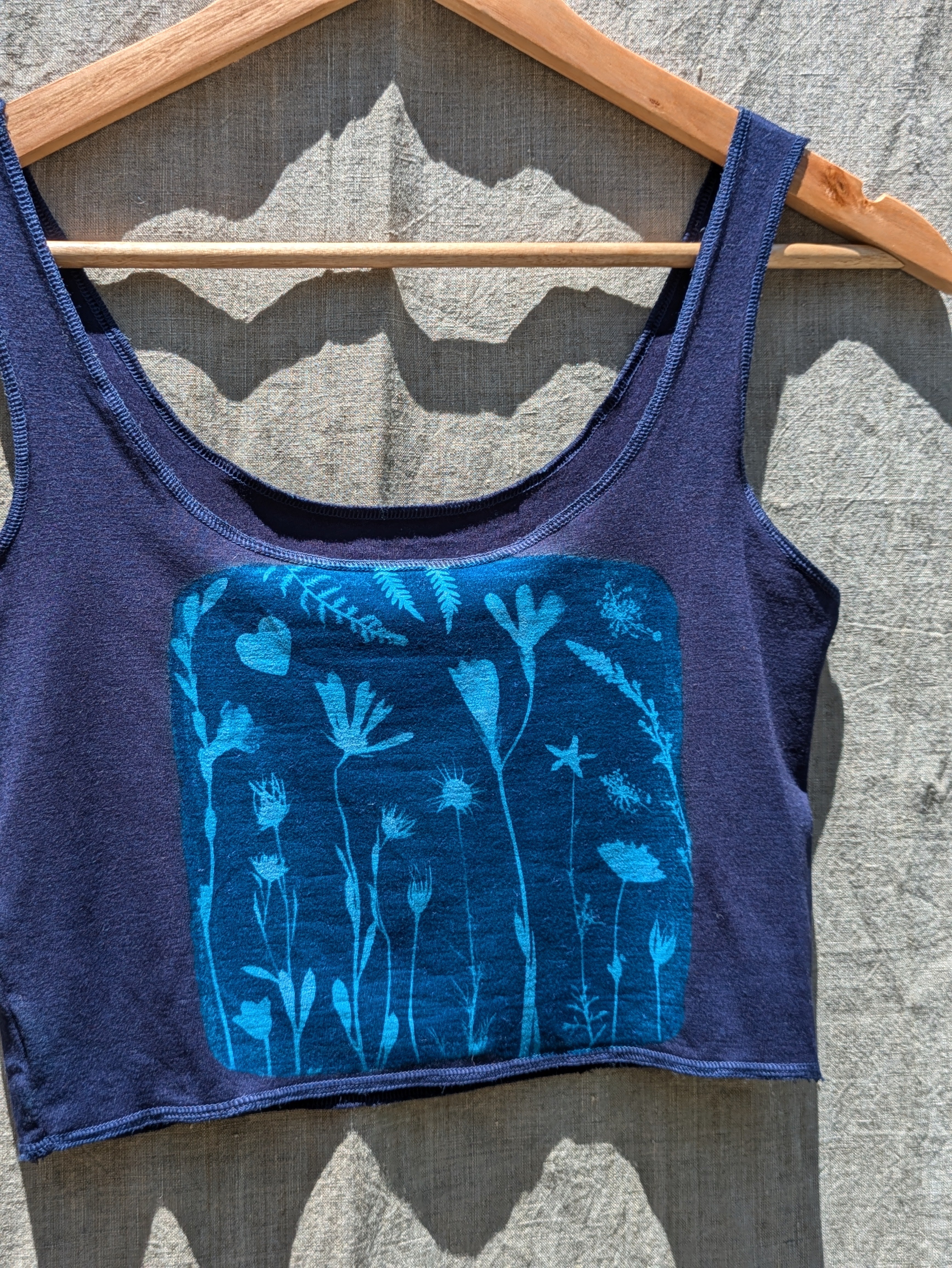 Bamboo Crop Top Deep Violet w Cyanotype flowers