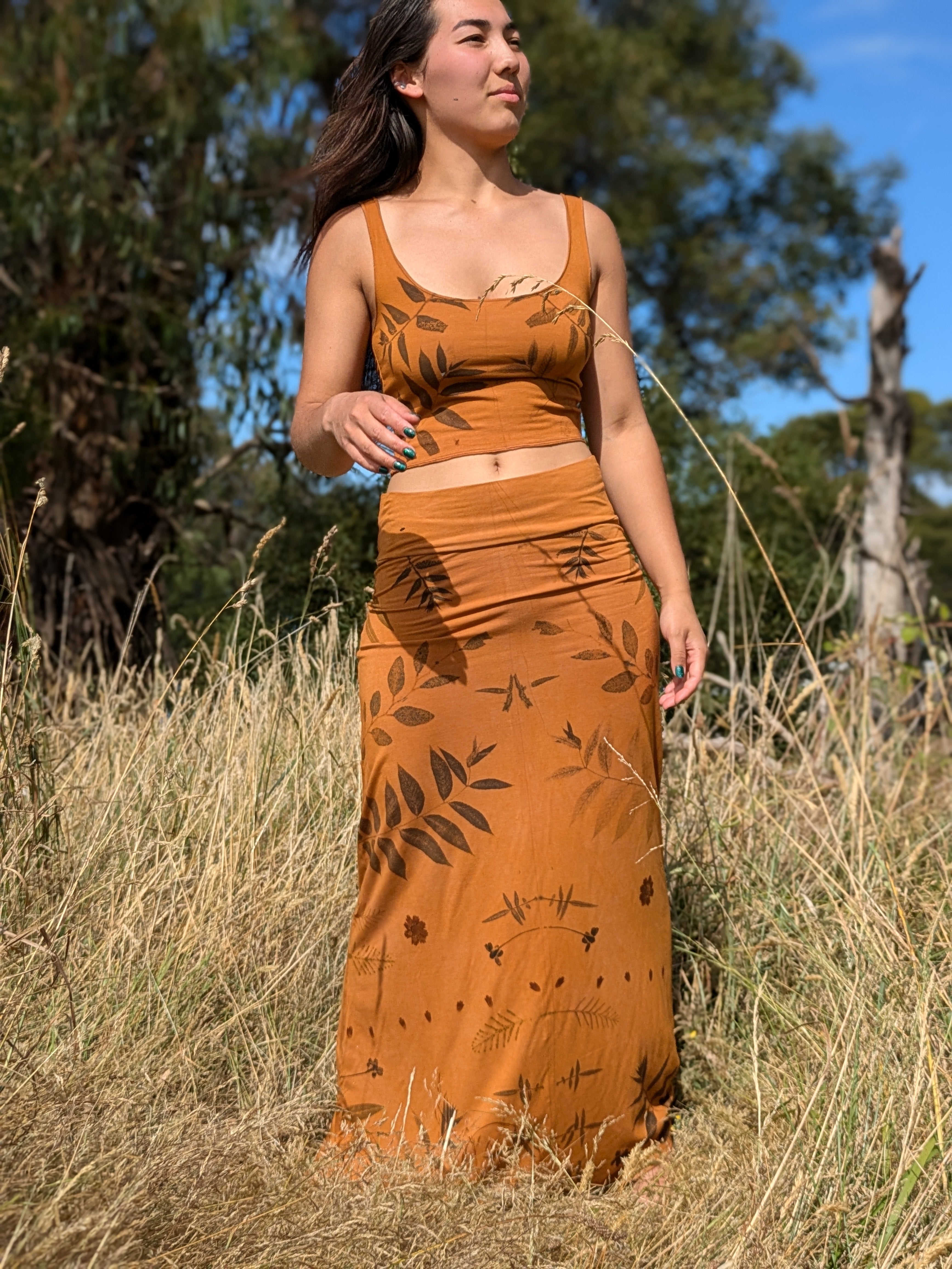 Botanical Bamboo Long Skirt Ochre Leaf