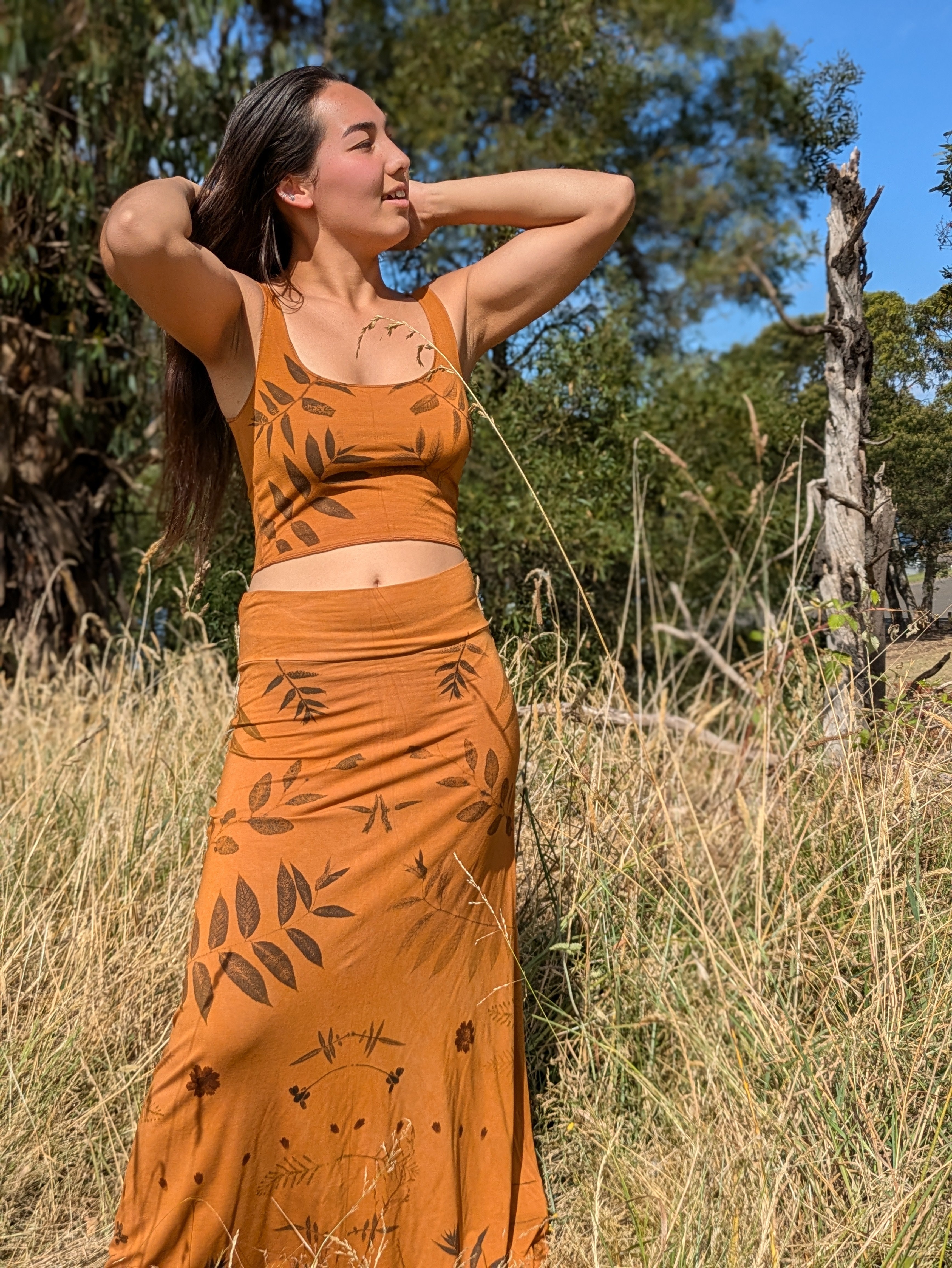 Botanical Bamboo Long Skirt Ochre Leaf