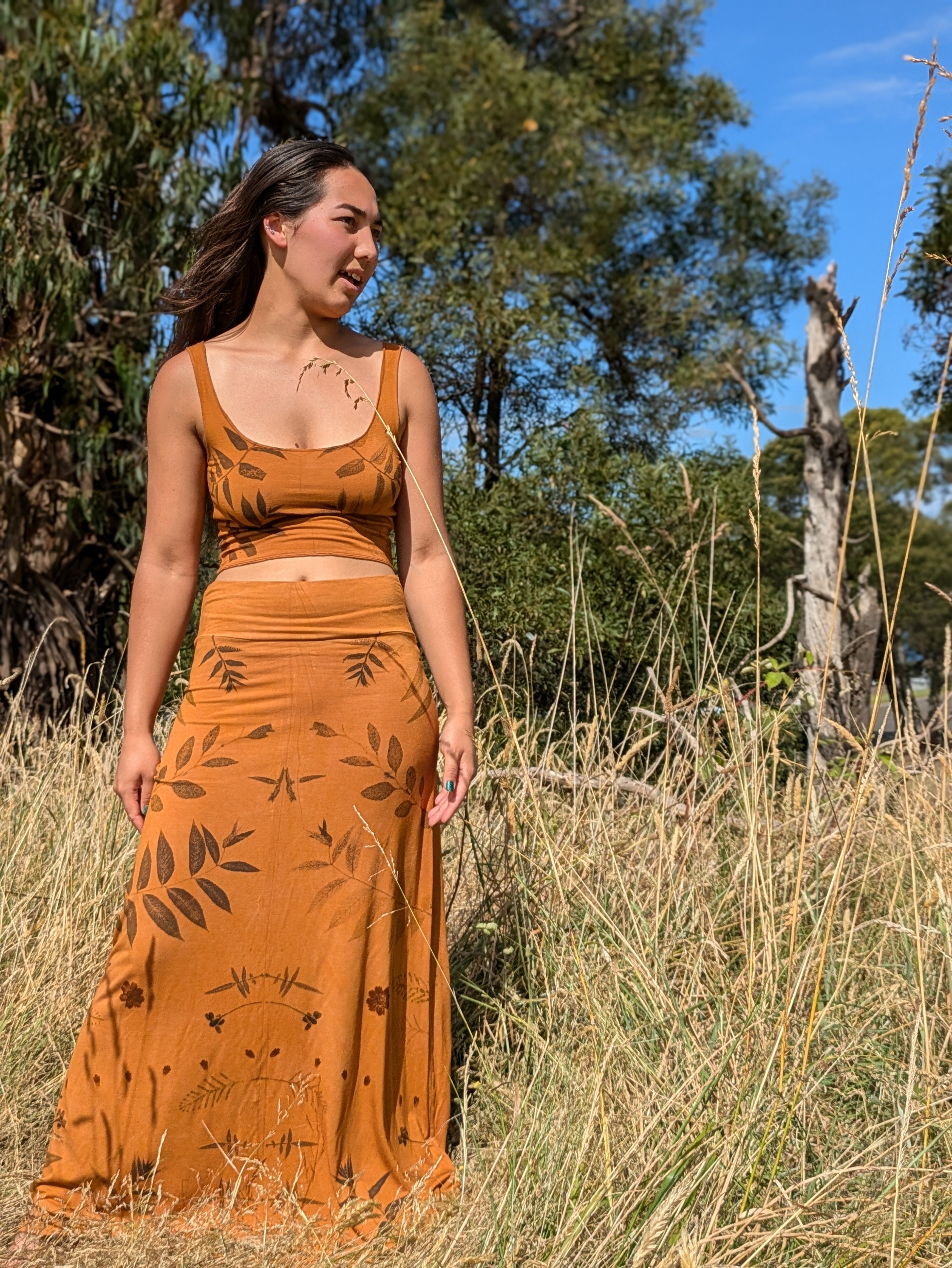 Botanical Bamboo Long Skirt Ochre Leaf