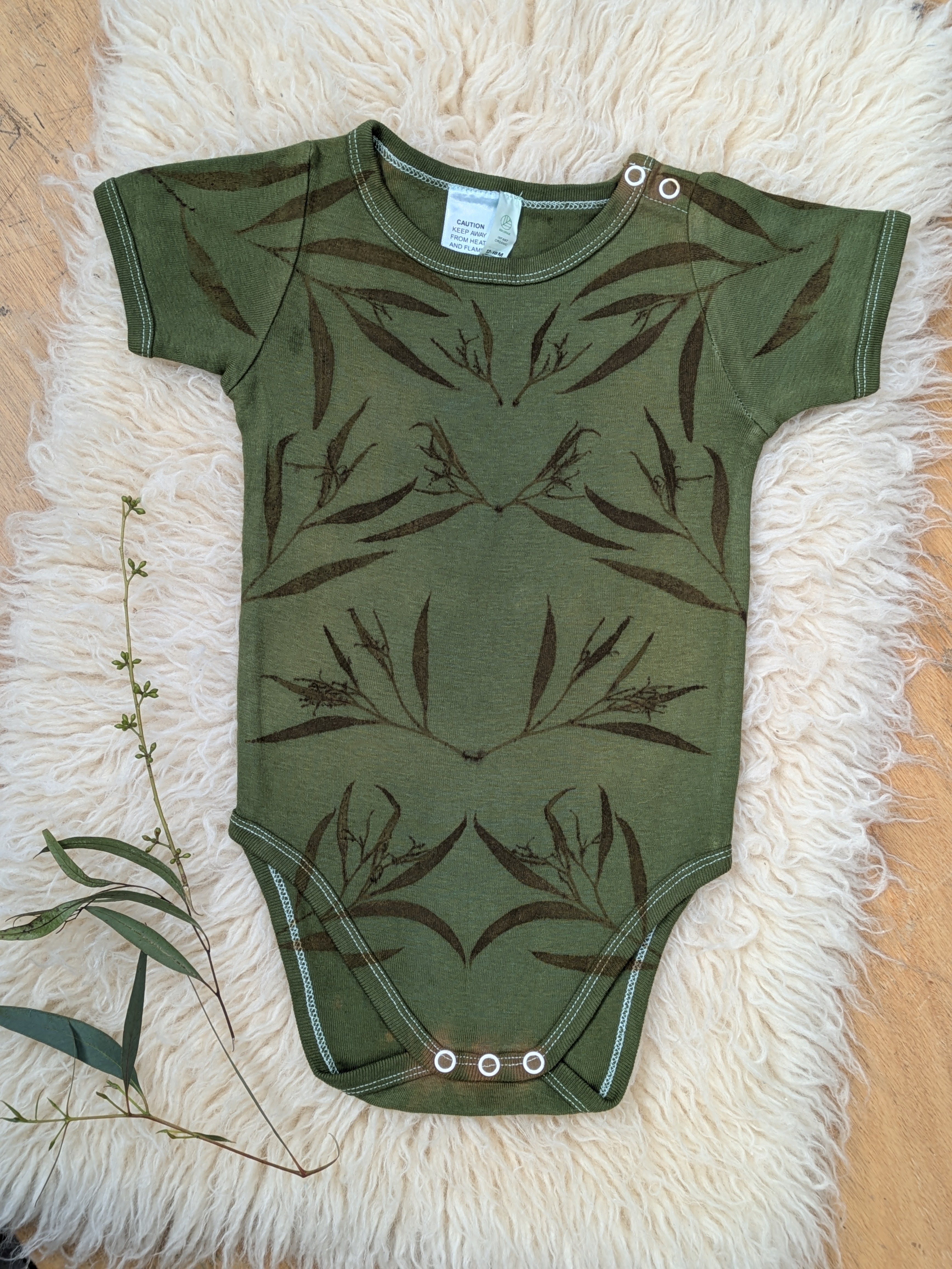Organic Cotton Infant One-Piece ~ Khaki Leaf ~ 12-18mth