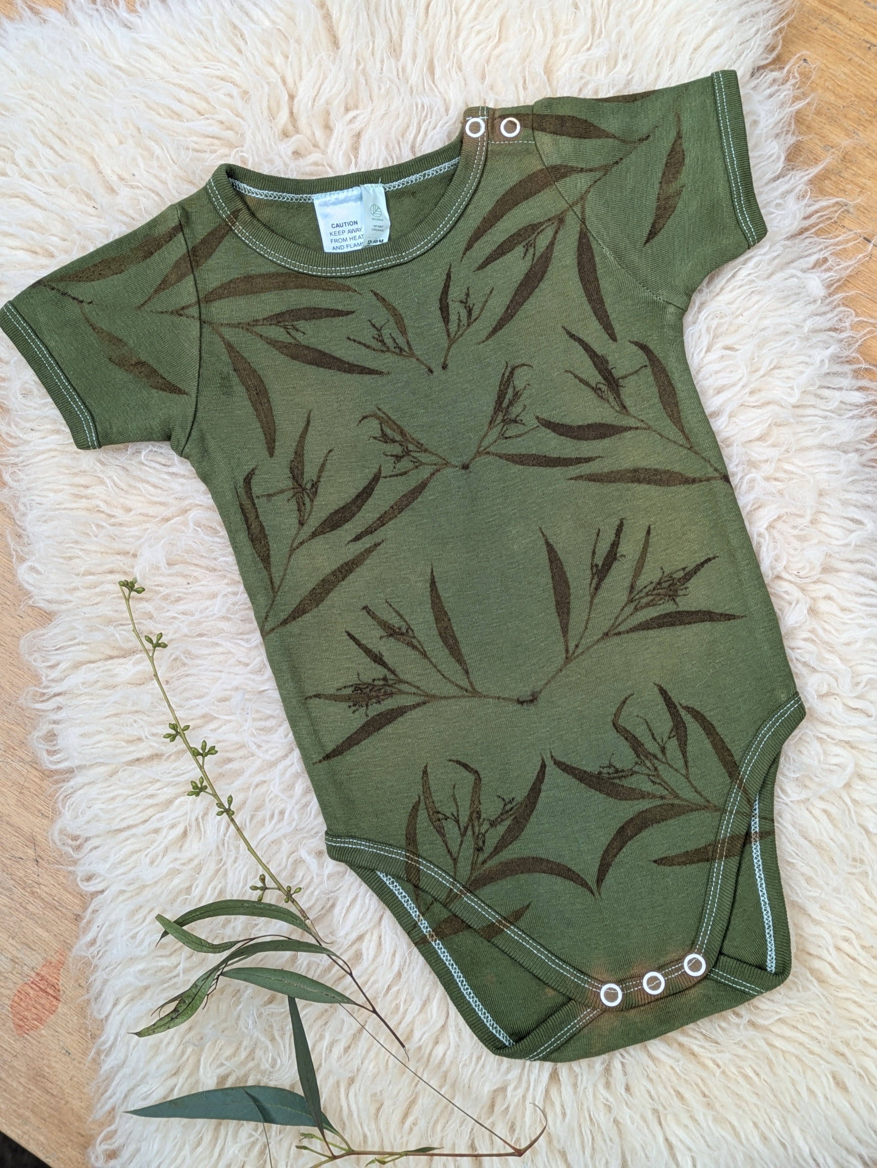 Organic Cotton Infant One-Piece ~ Khaki Leaf ~ 12-18mth