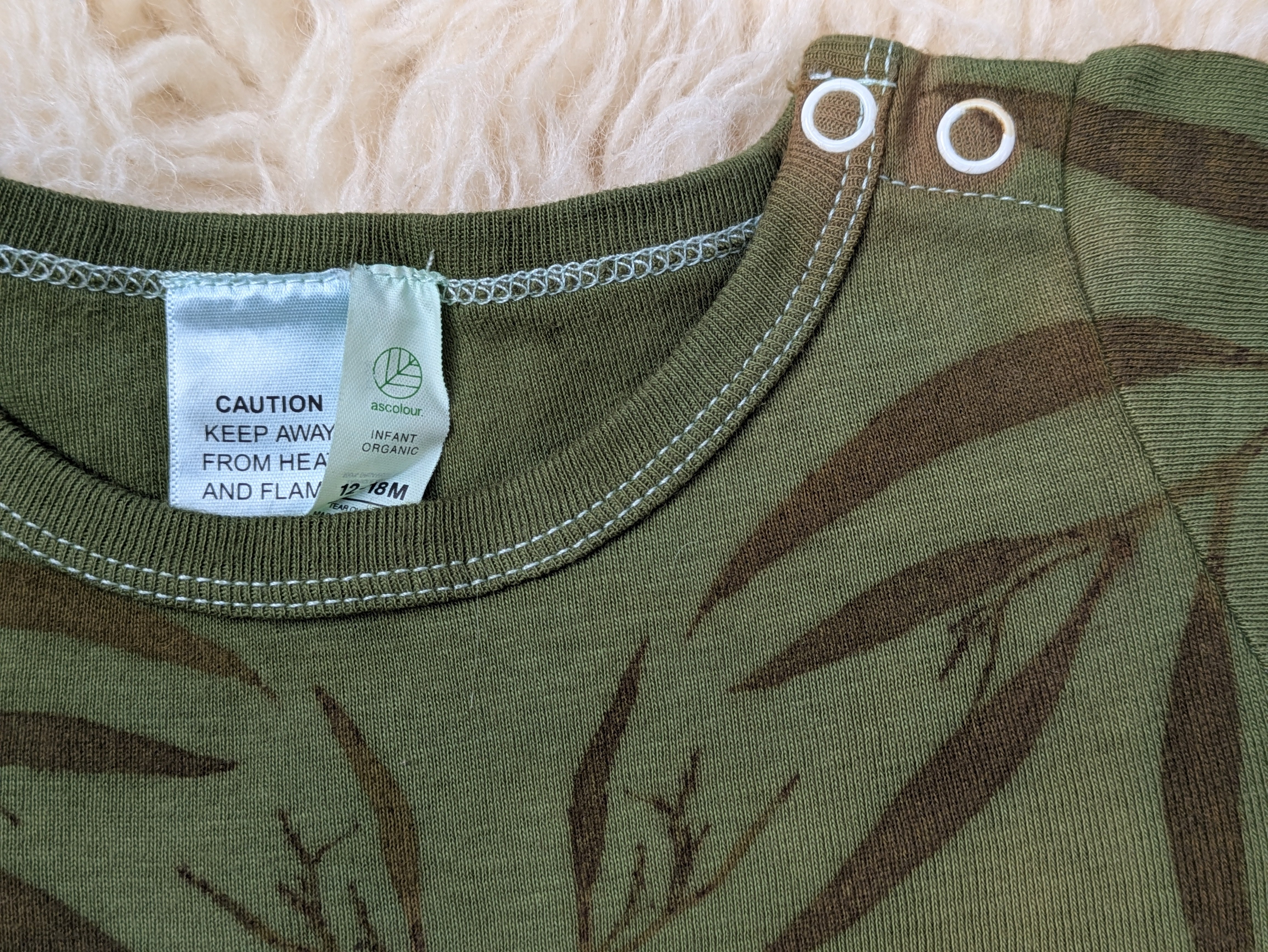 Organic Cotton Infant One-Piece ~ Khaki Leaf ~ 12-18mth