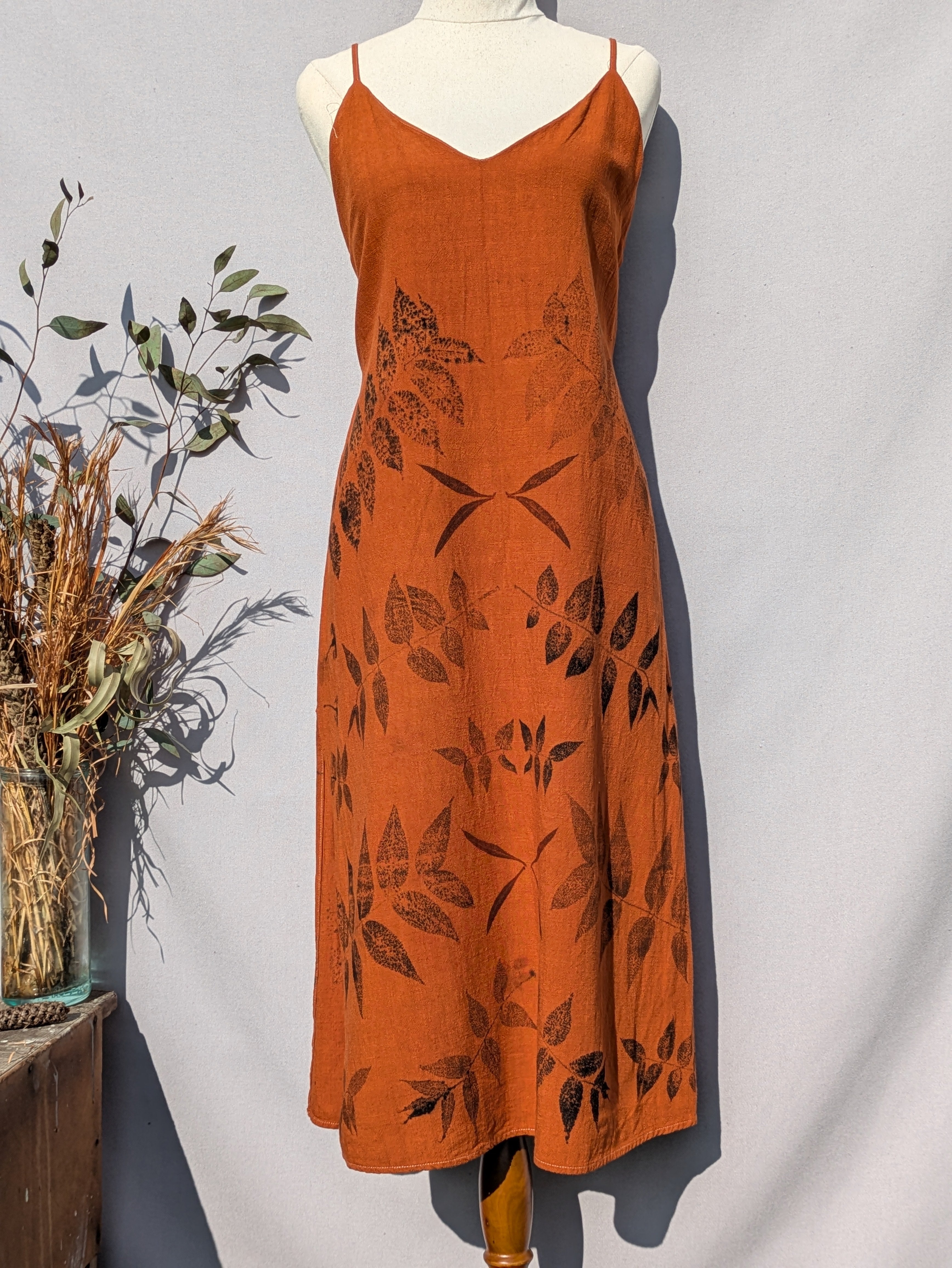 Rust Orange Linen Midi Dress ~ M