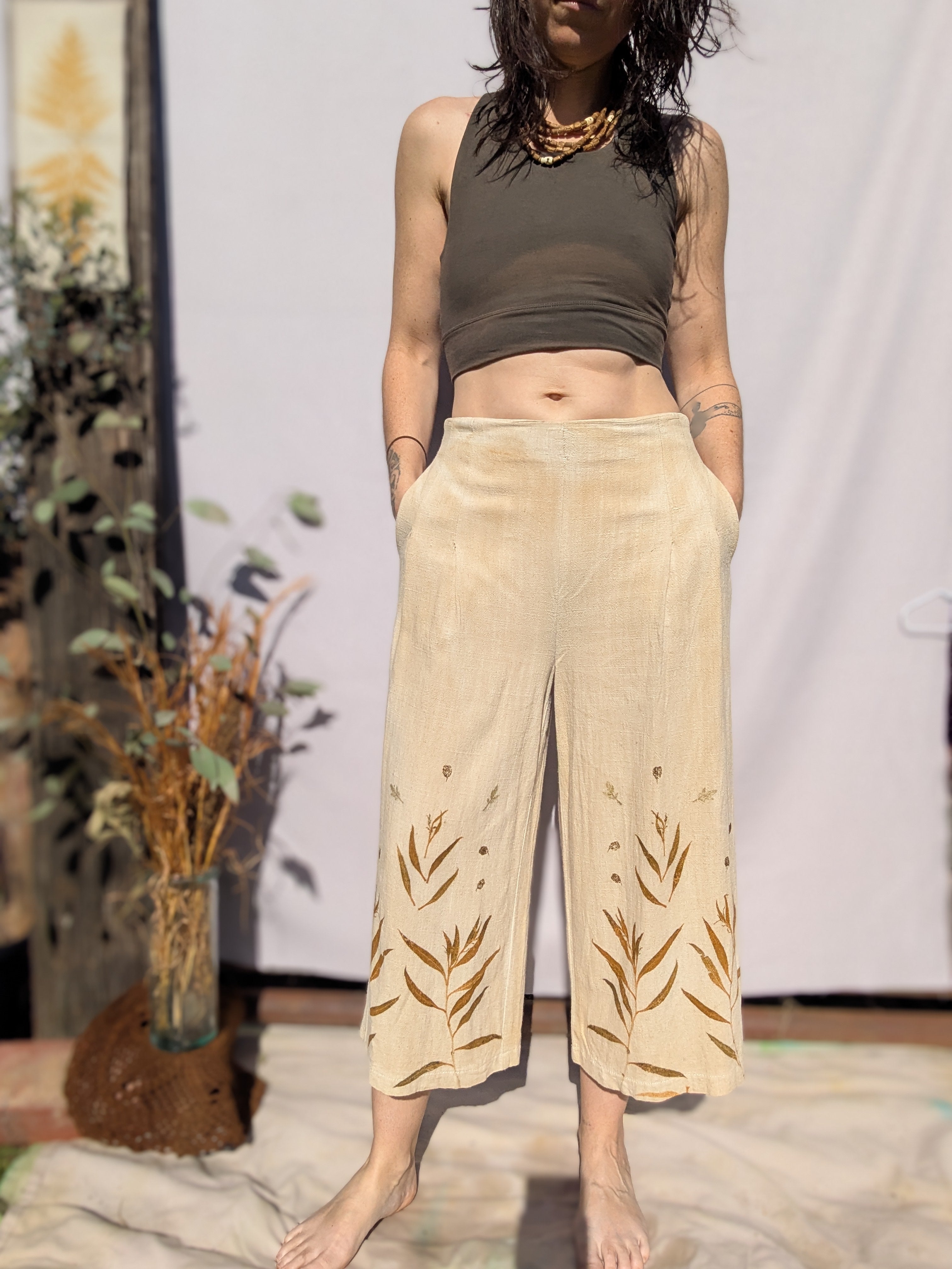 Linen Wide Leg 3/4 Pants ~ S ~ Eucalyptus Garden