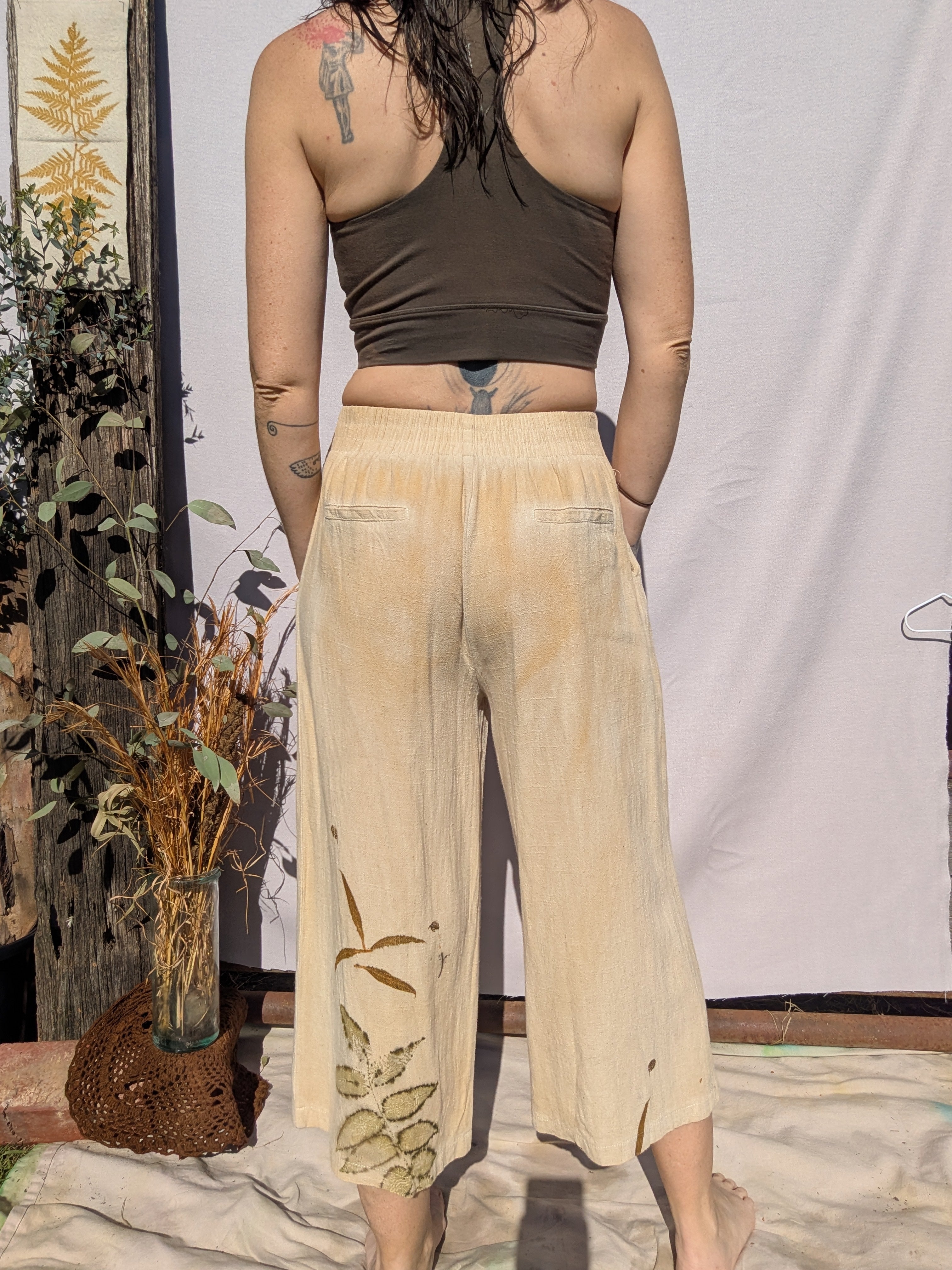 Linen Wide Leg 3/4 Pants ~ S ~ Eucalyptus Garden