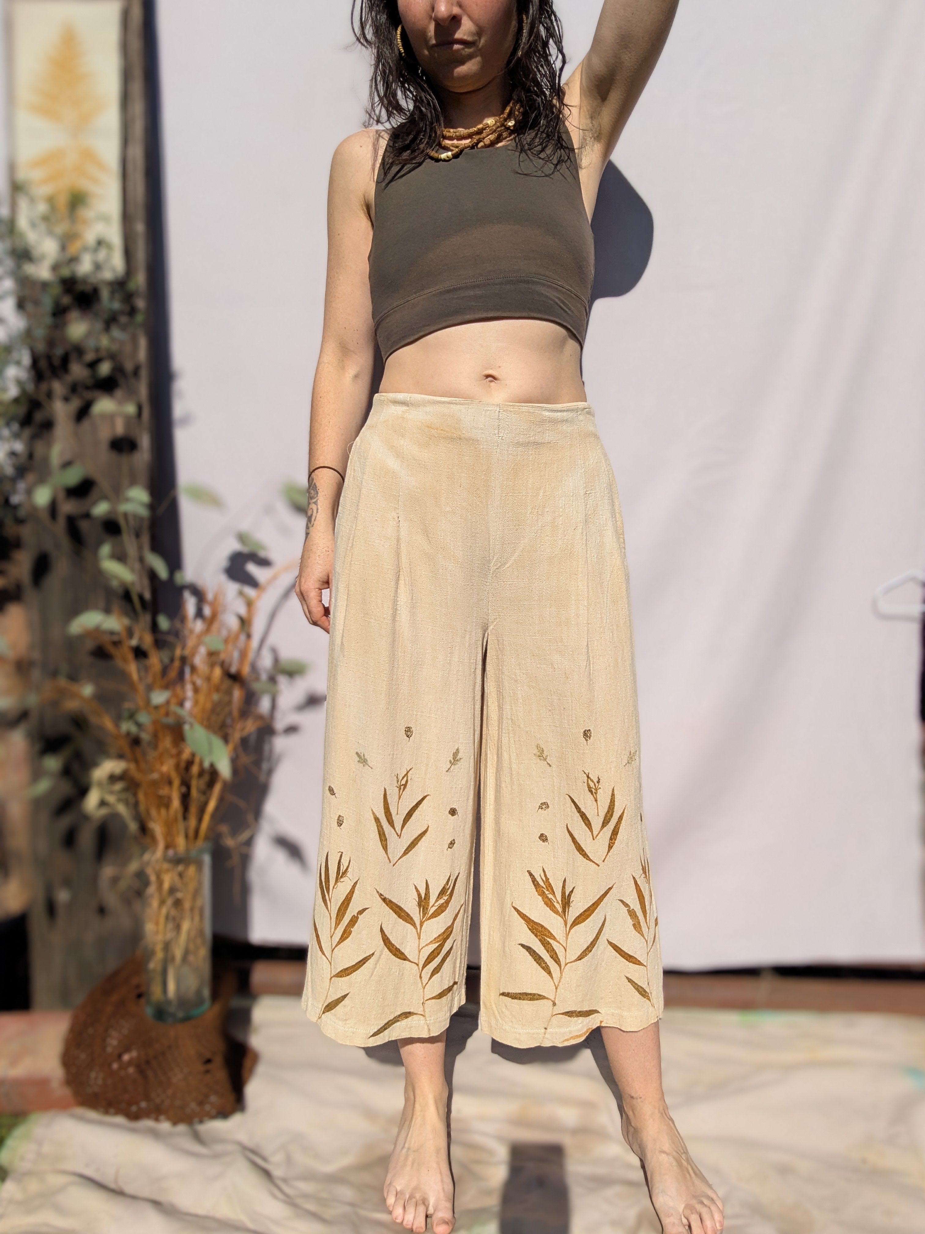 Linen Wide Leg 3/4 Pants ~ S ~ Eucalyptus Garden