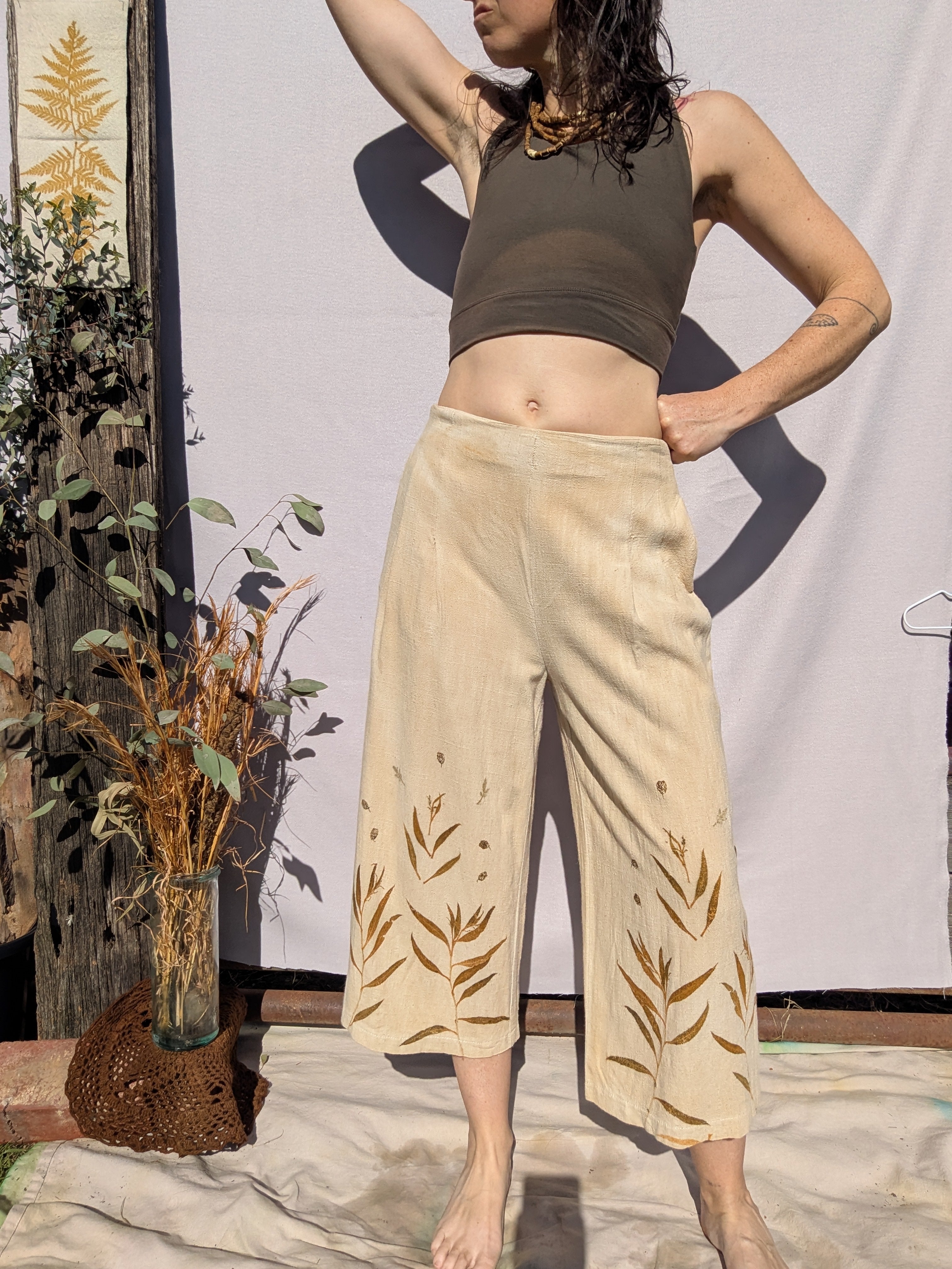 Linen Wide Leg 3/4 Pants ~ S ~ Eucalyptus Garden