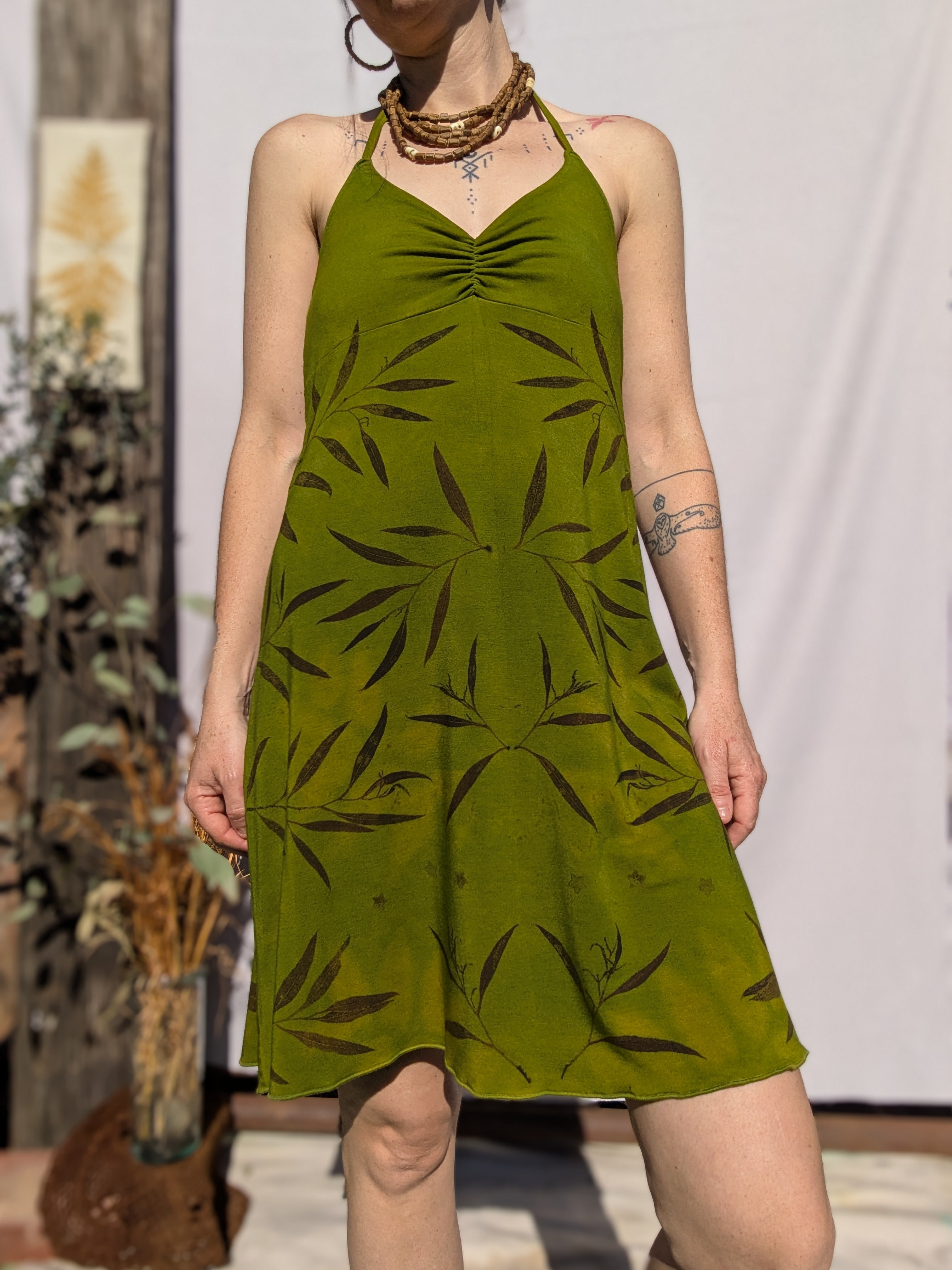 Botanical Bamboo Halter Dress ~ Forest Light ~ S-M
