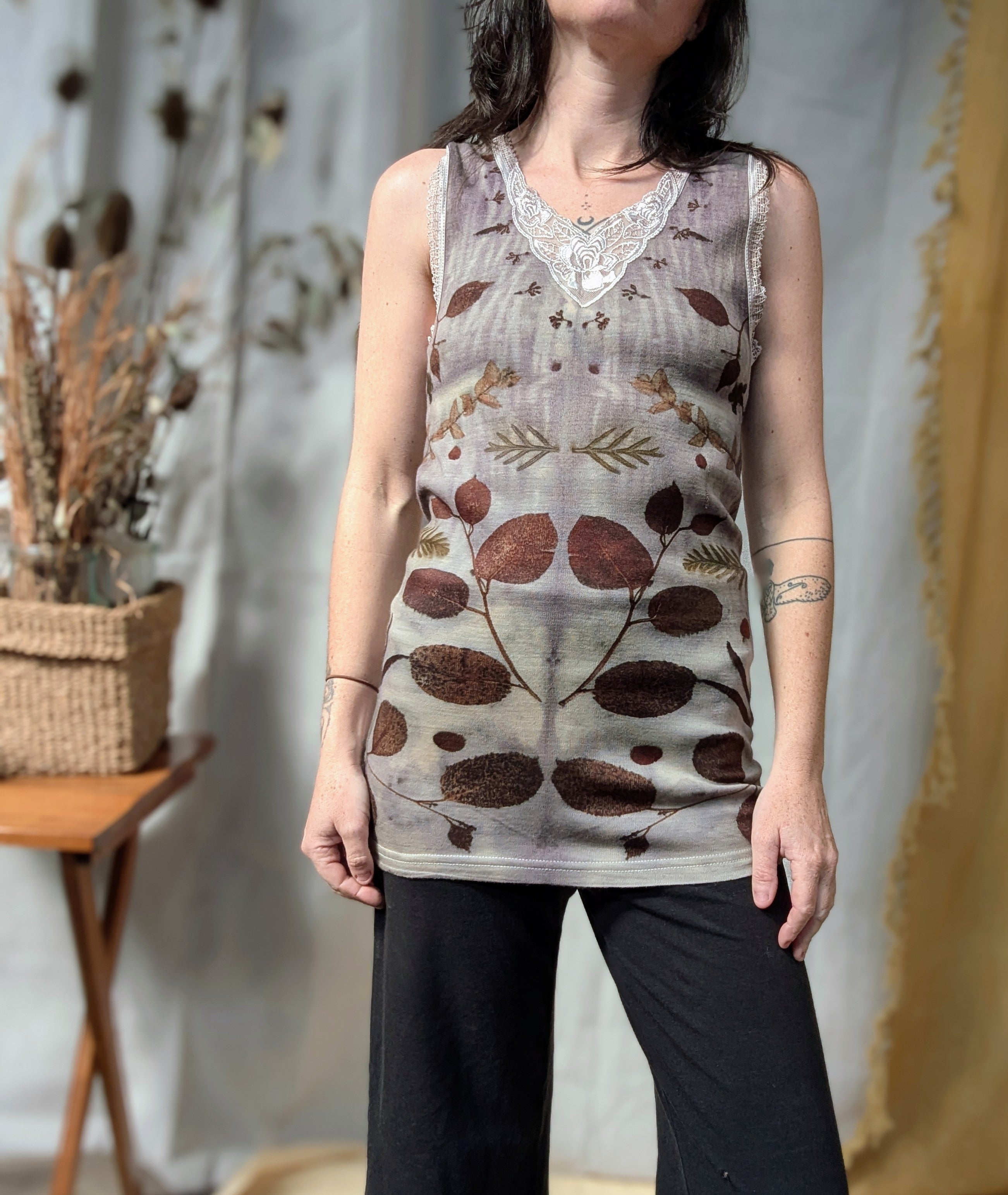 Botanical Merino Singlet Top Dark Leaf ~ S/M