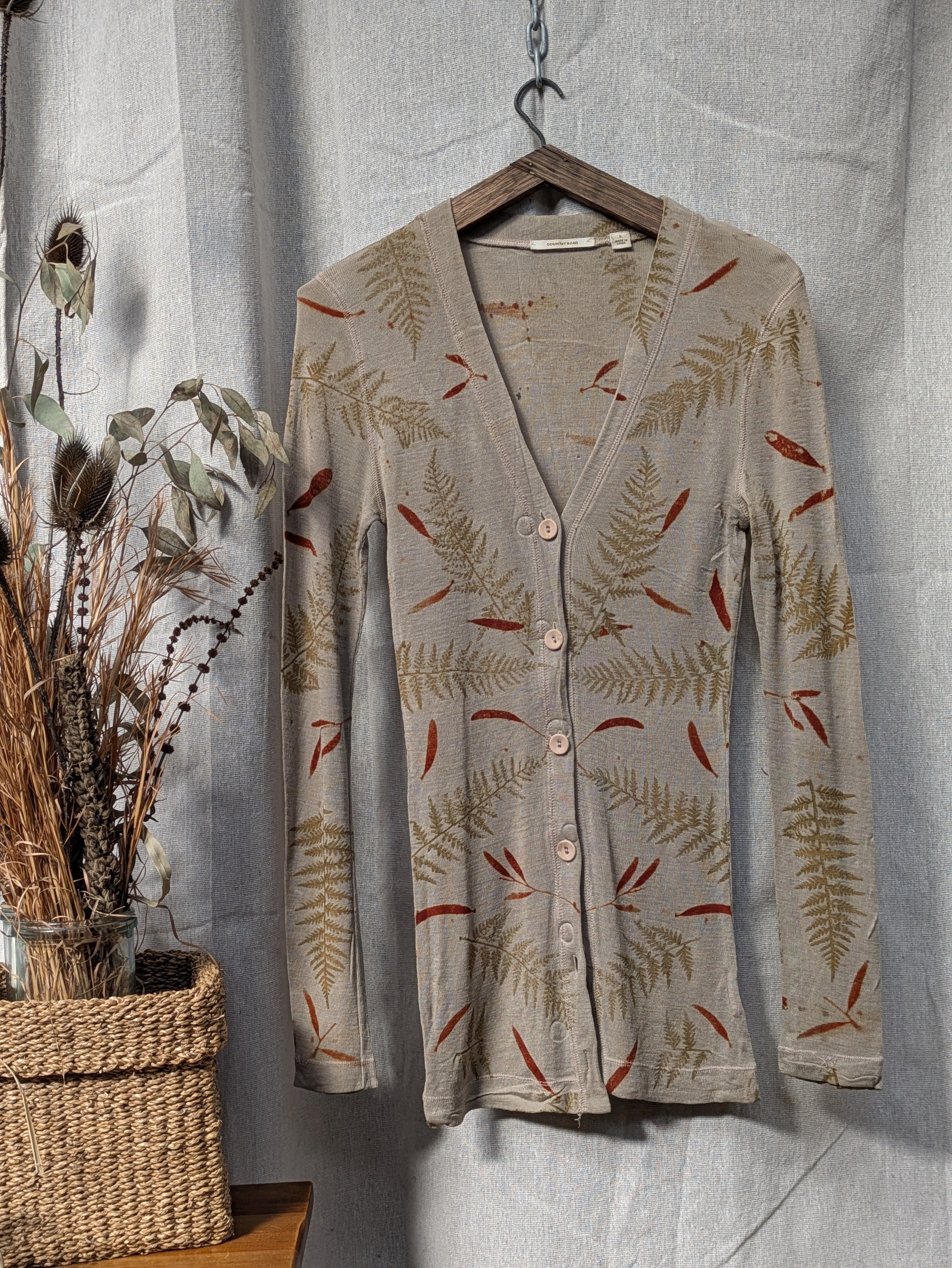 Merino Wool Cardigan ~ Ferns ~ Size L