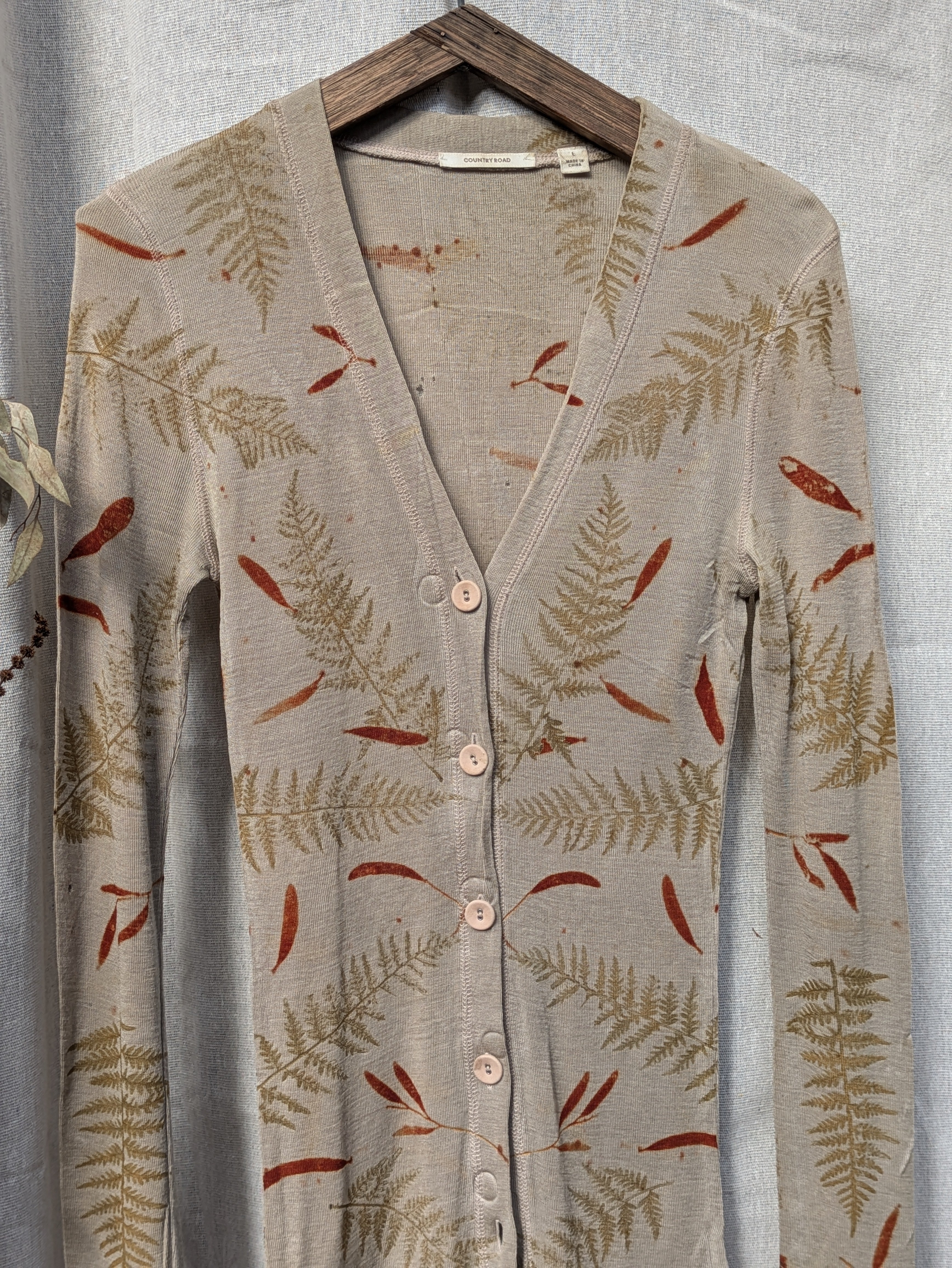 Merino Wool Cardigan ~ Ferns ~ Size L