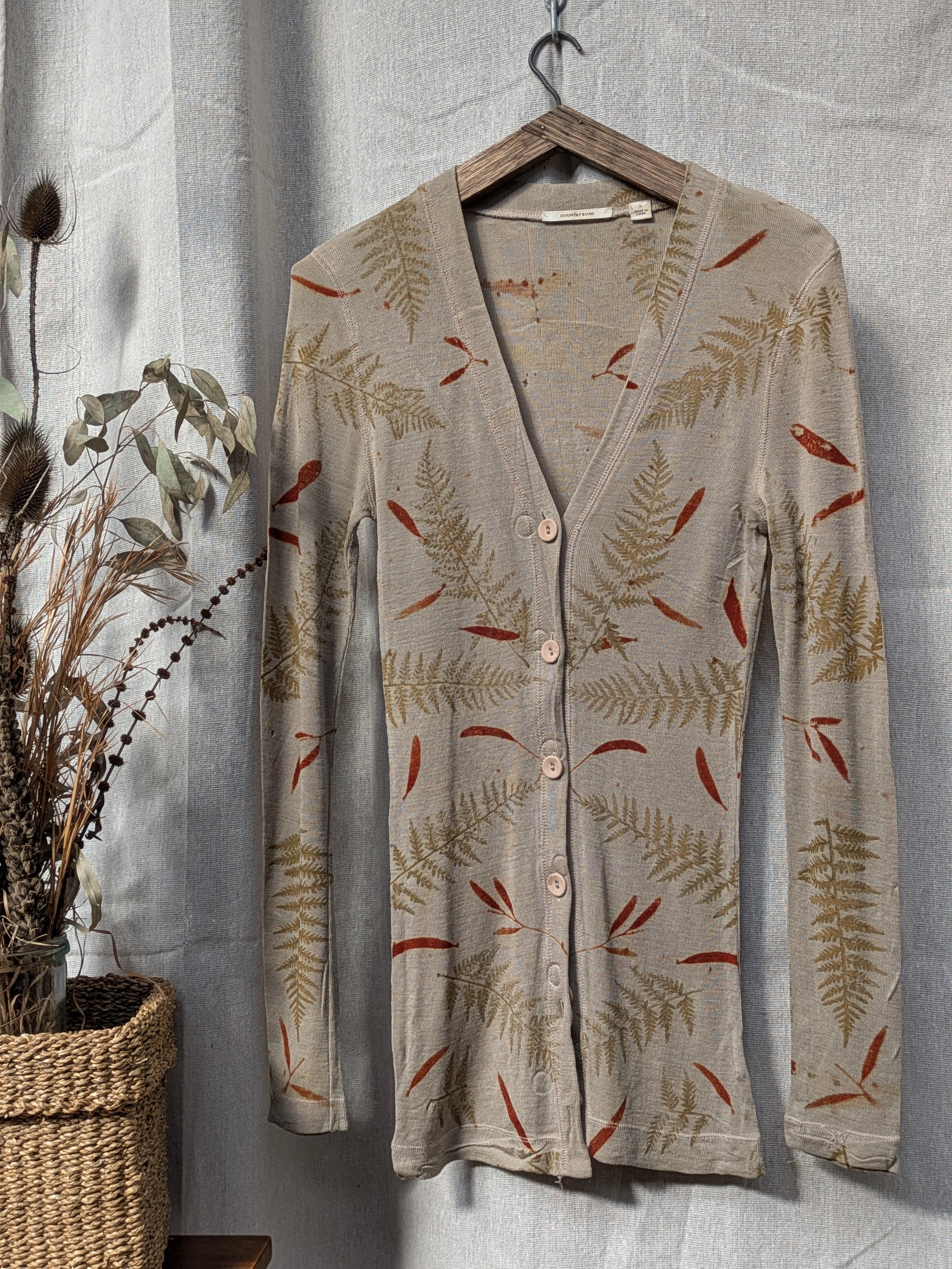 Merino Wool Cardigan ~ Ferns ~ Size L