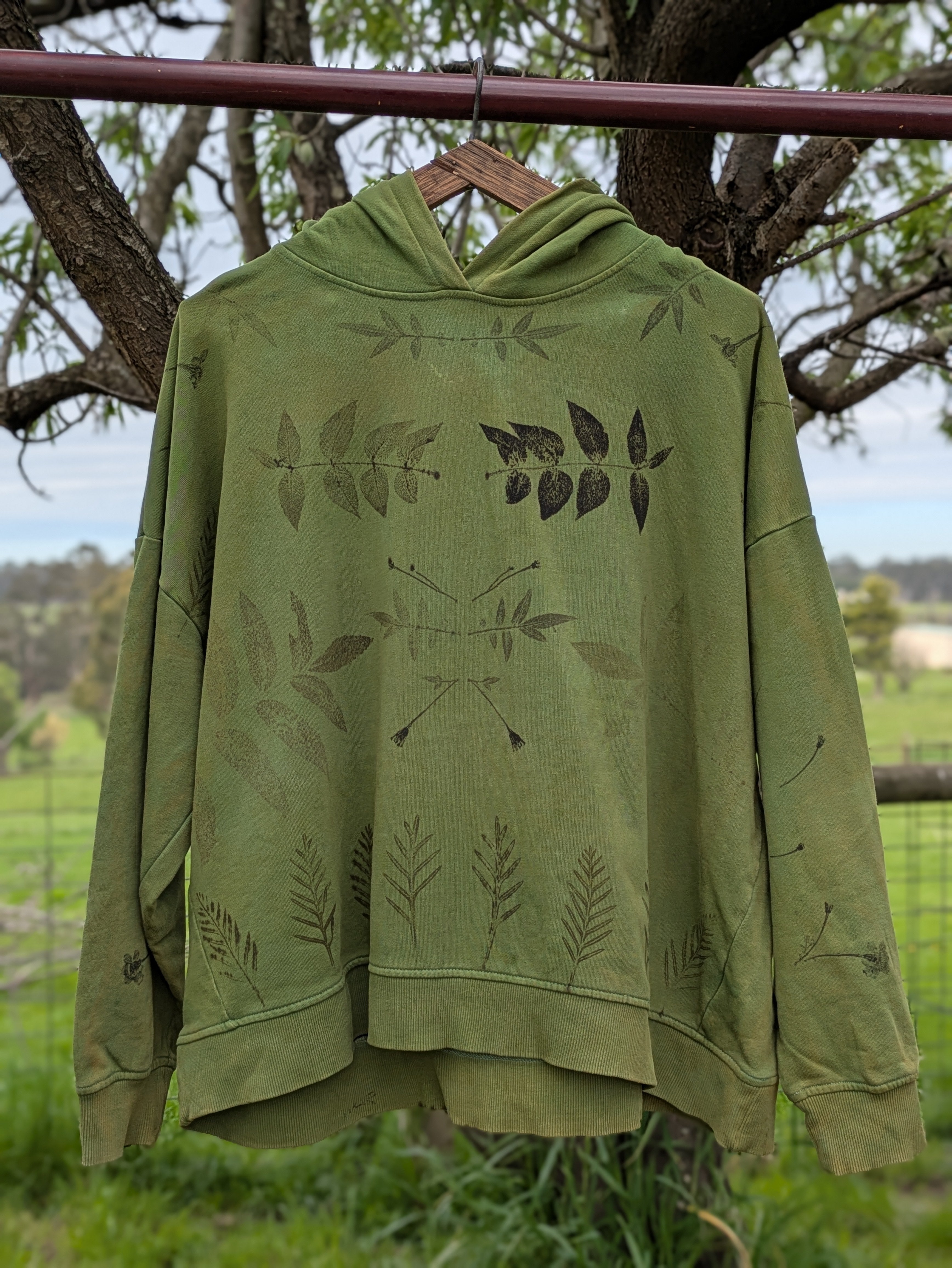 Up-cycled Botanical Hoodie ~ Forest Green ~ XL