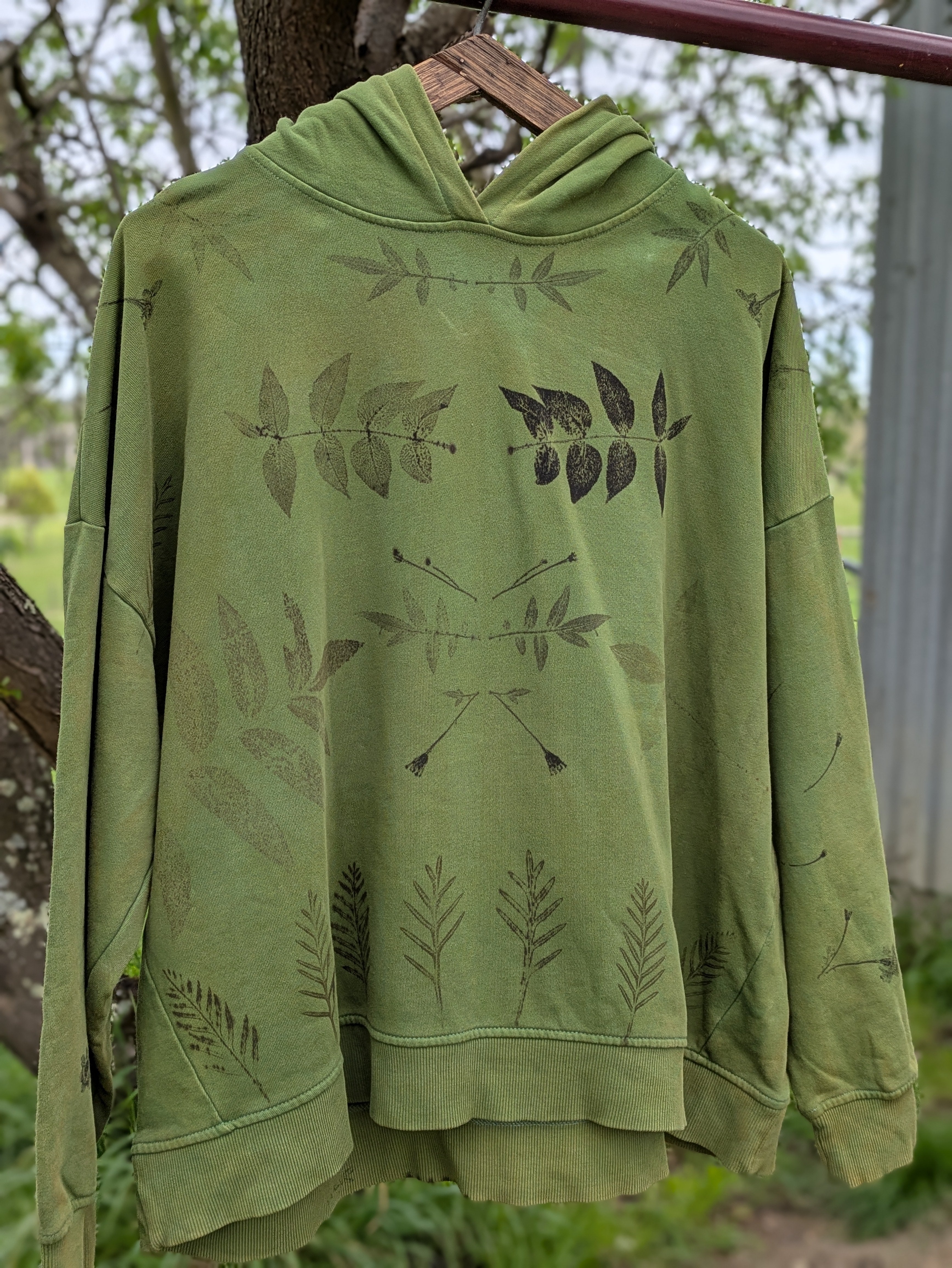 Up-cycled Botanical Hoodie ~ Forest Green ~ XL