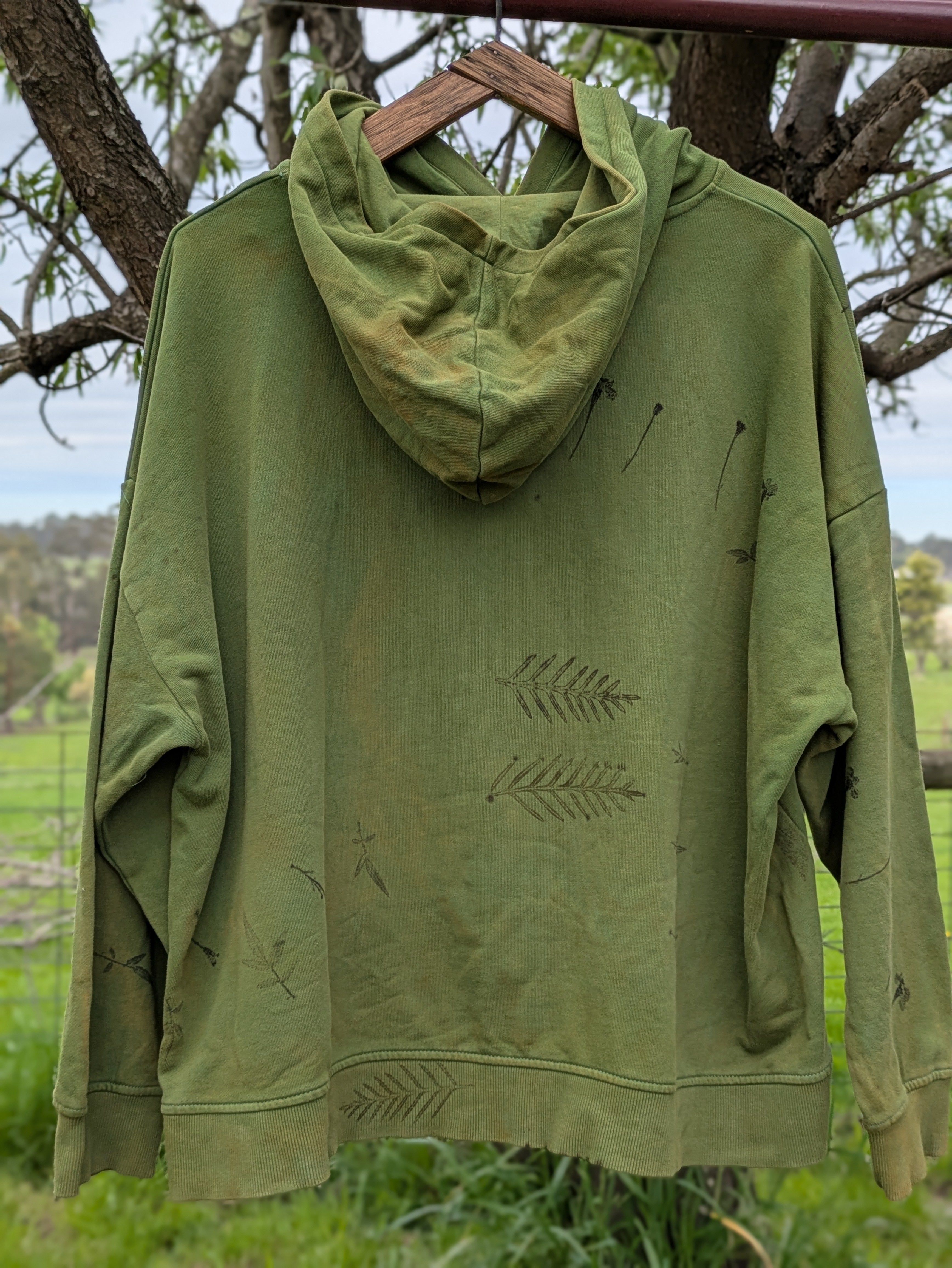 Up-cycled Botanical Hoodie ~ Forest Green ~ XL