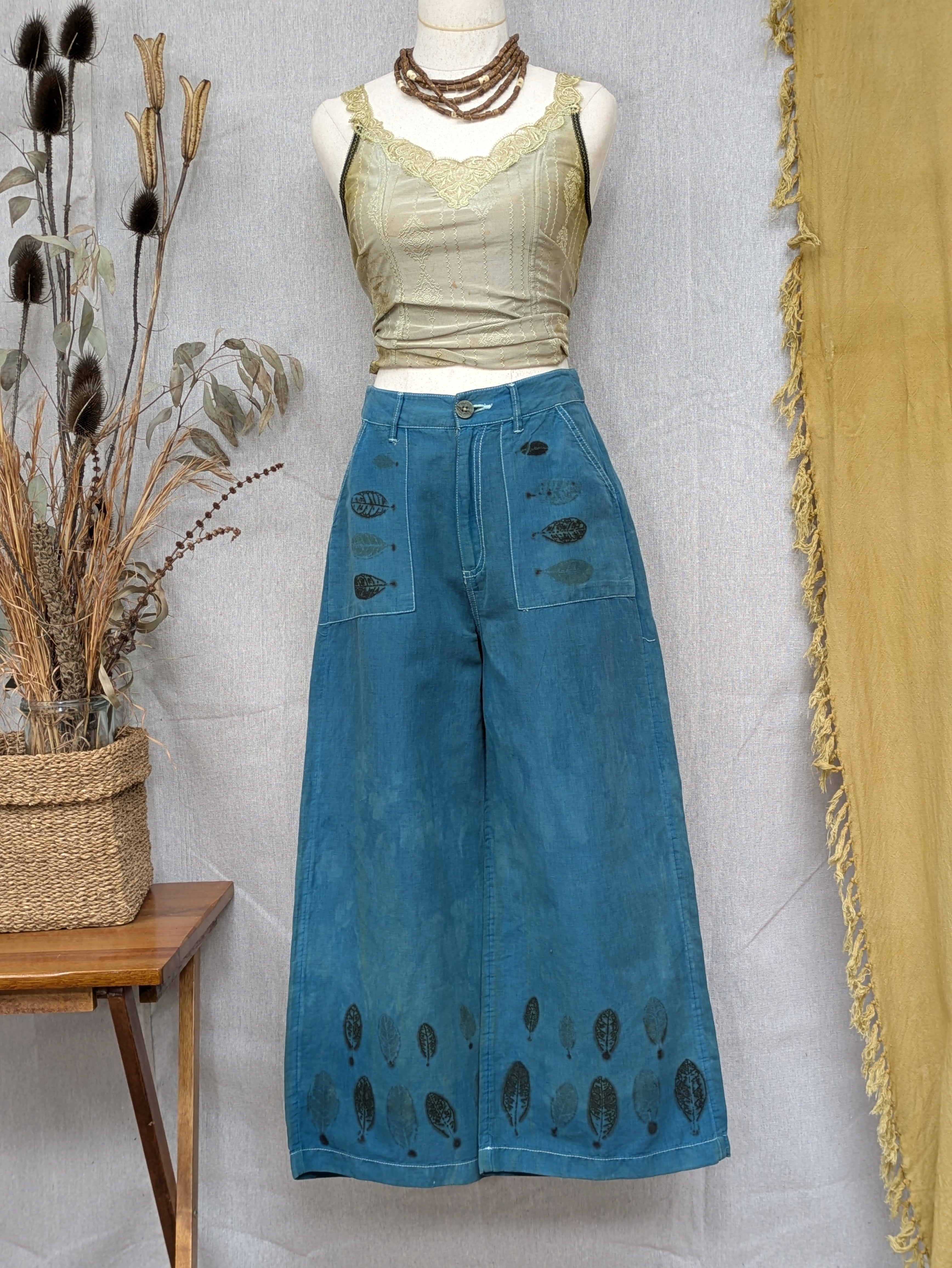 Blue Linen Feijoa Leaf Pants ~ XS