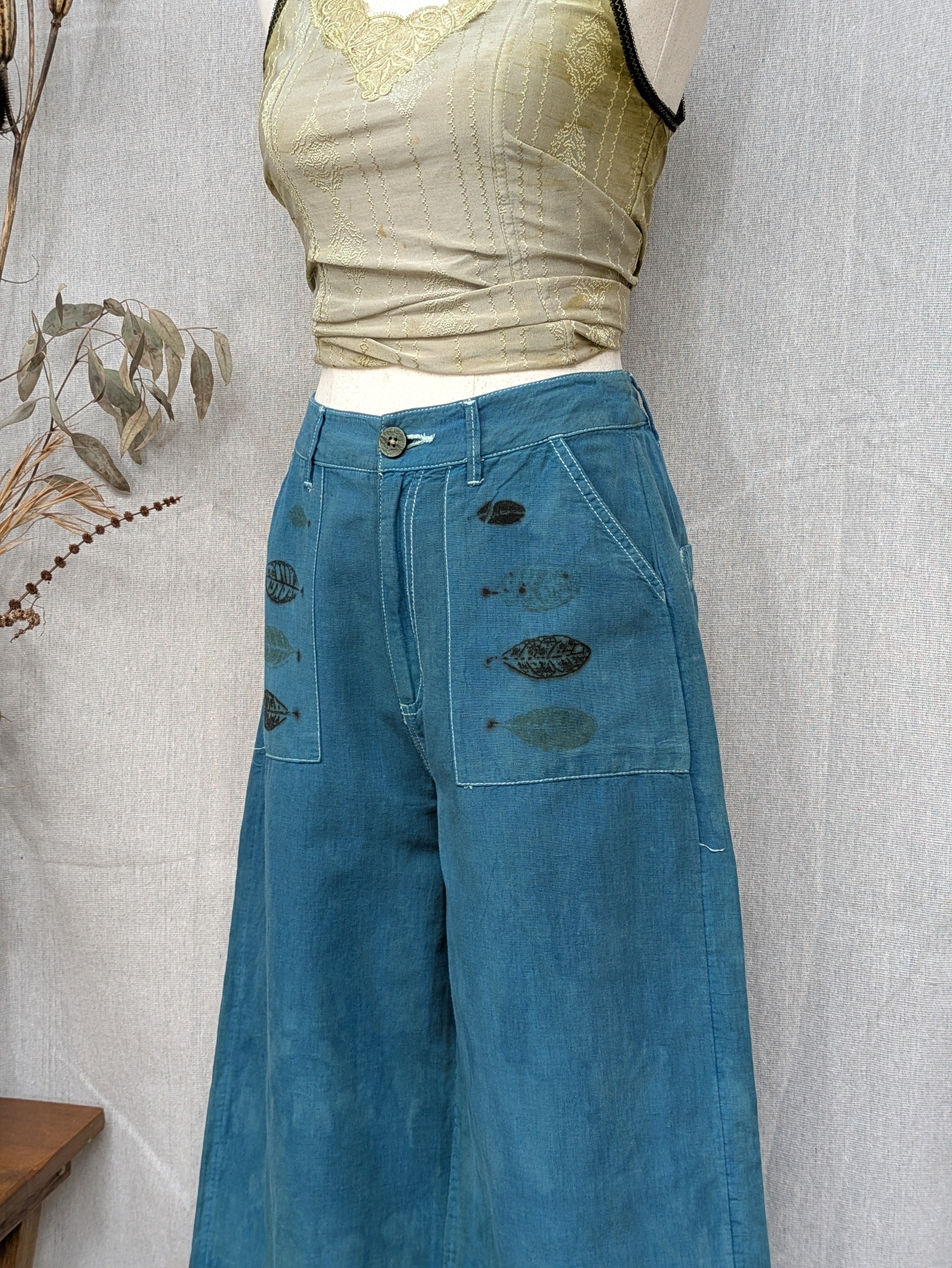 Blue Linen Feijoa Leaf Pants ~ XS
