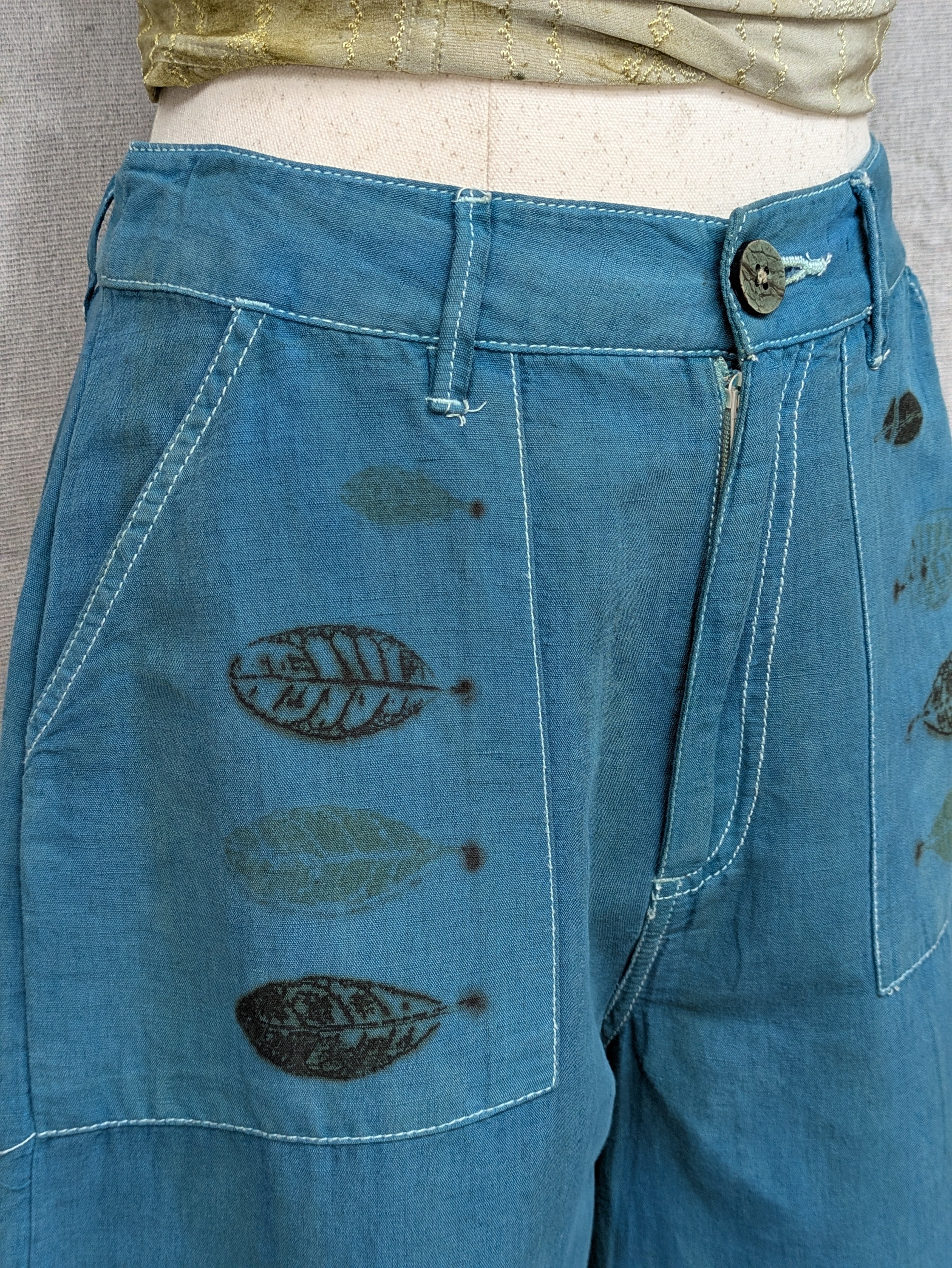 Blue Linen Feijoa Leaf Pants ~ XS