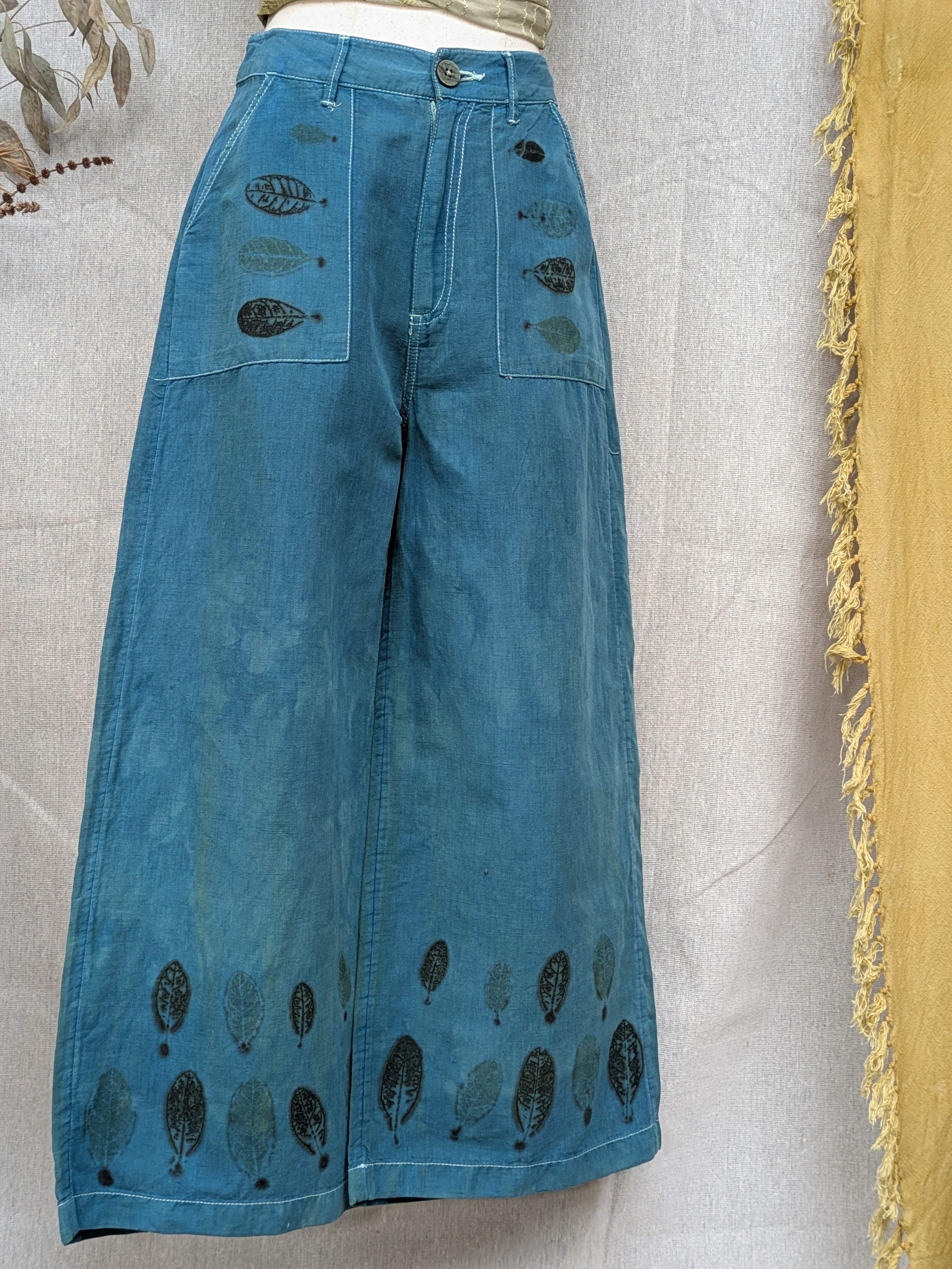 Blue Linen Feijoa Leaf Pants ~ XS