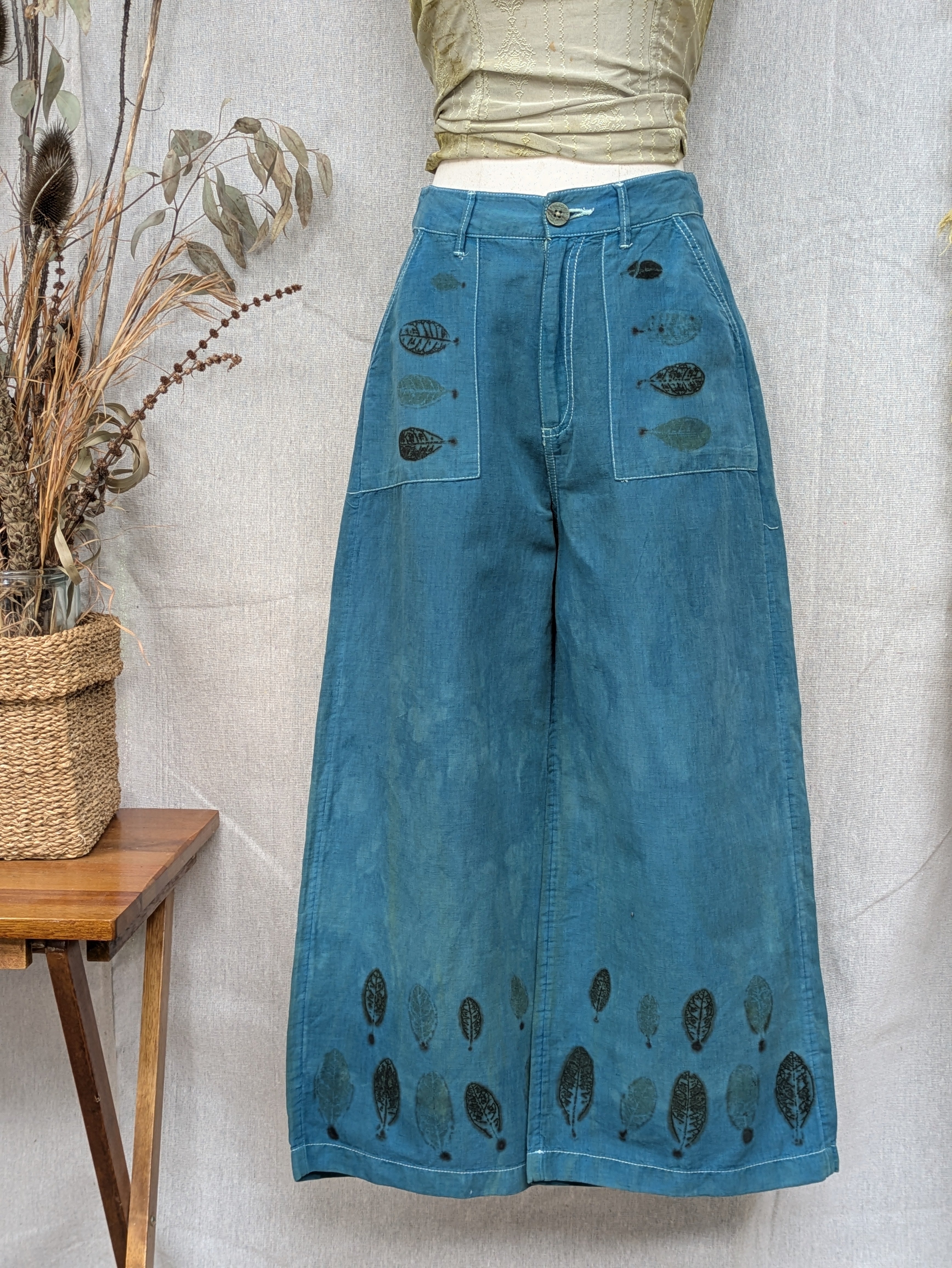 Blue Linen Feijoa Leaf Pants ~ XS