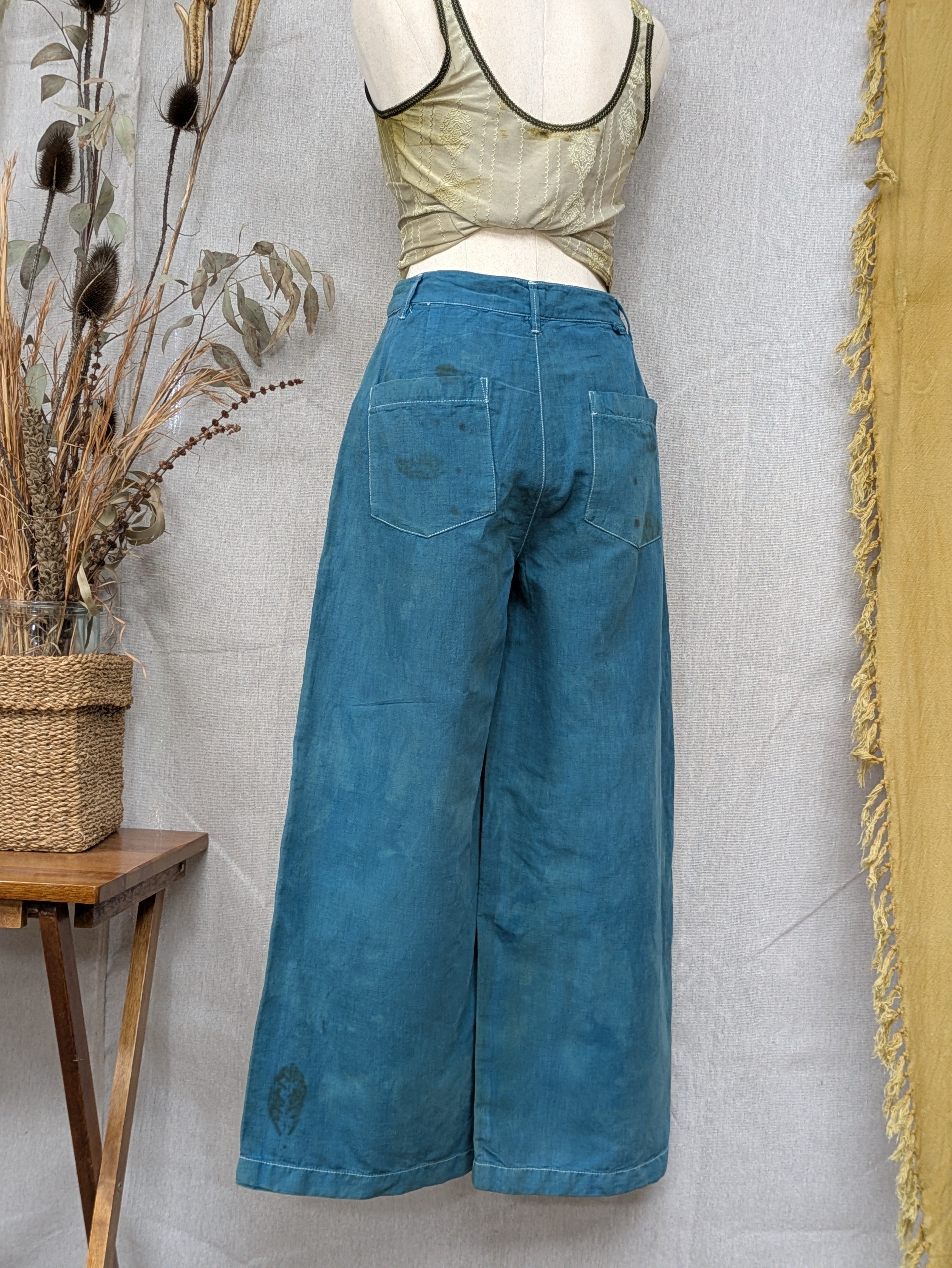 Blue Linen Feijoa Leaf Pants ~ XS