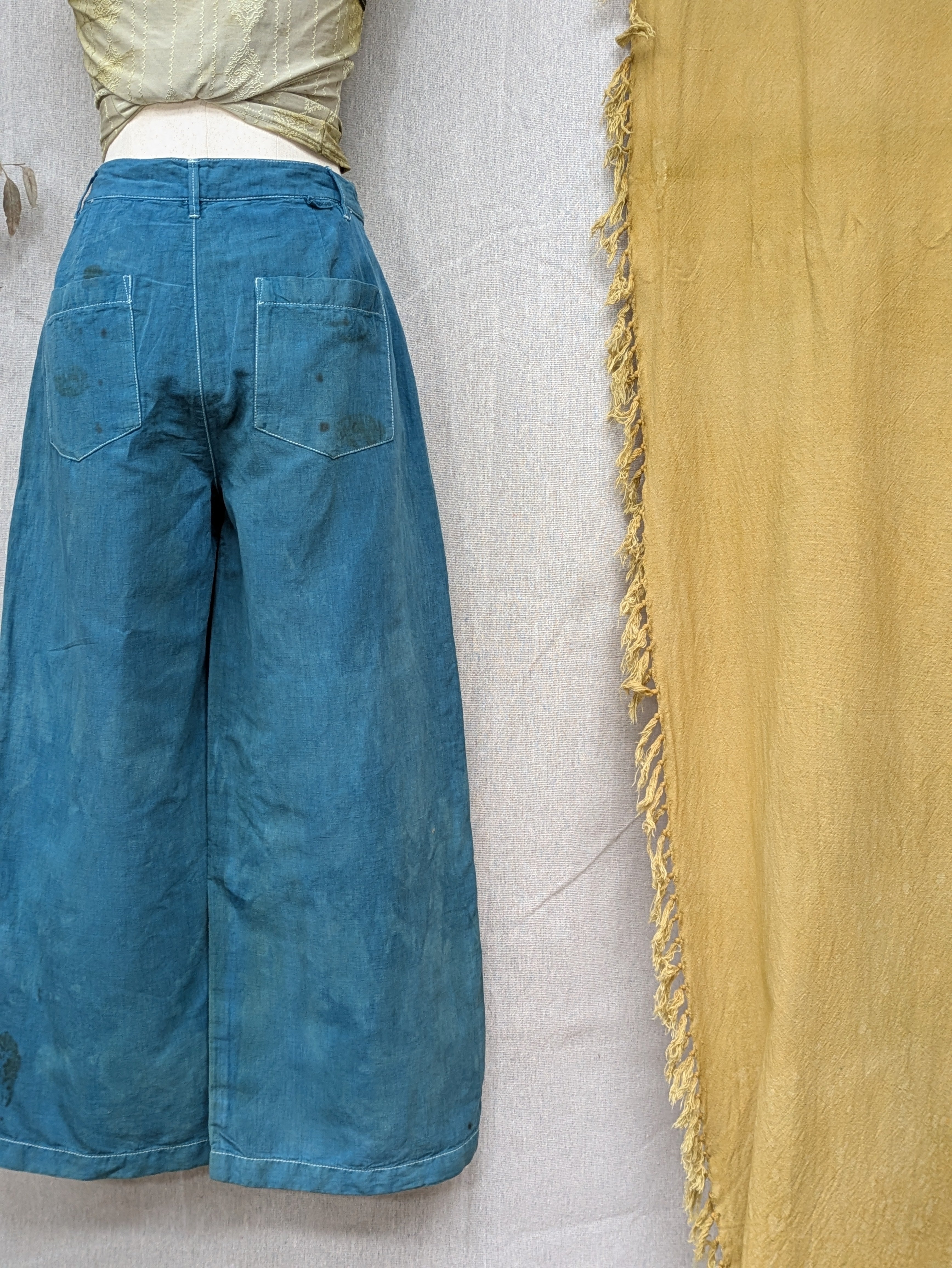 Blue Linen Feijoa Leaf Pants ~ XS