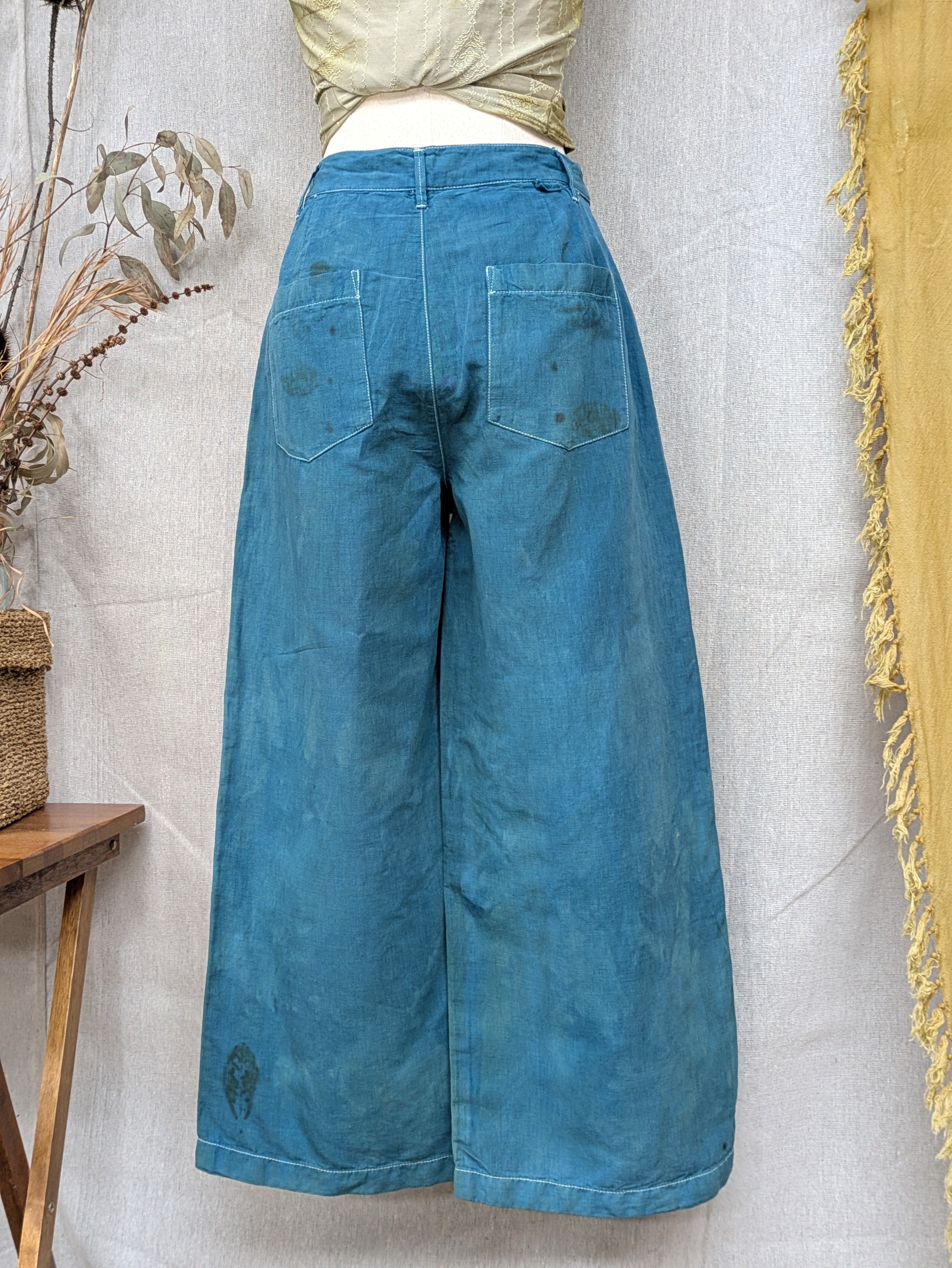 Blue Linen Feijoa Leaf Pants ~ XS
